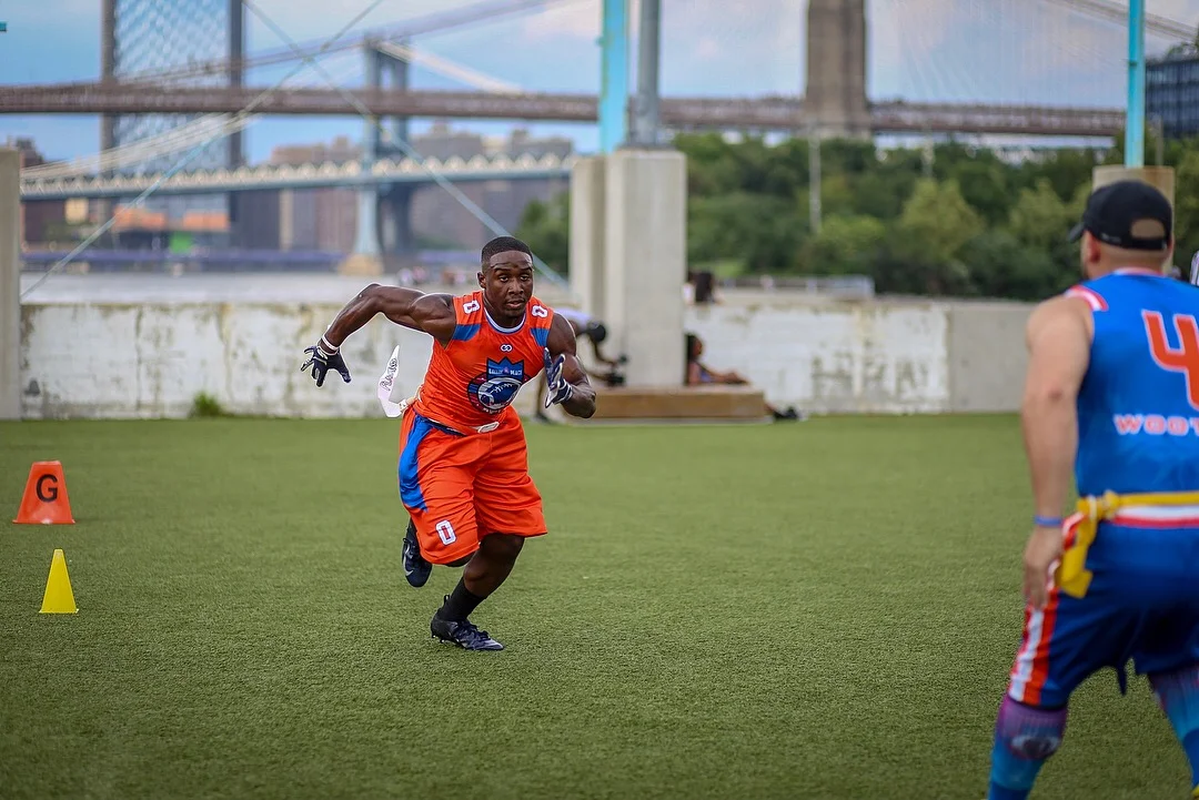 Ballin 4 Peace Orange Blue White flag football uniforms, compression jerseys, shorts