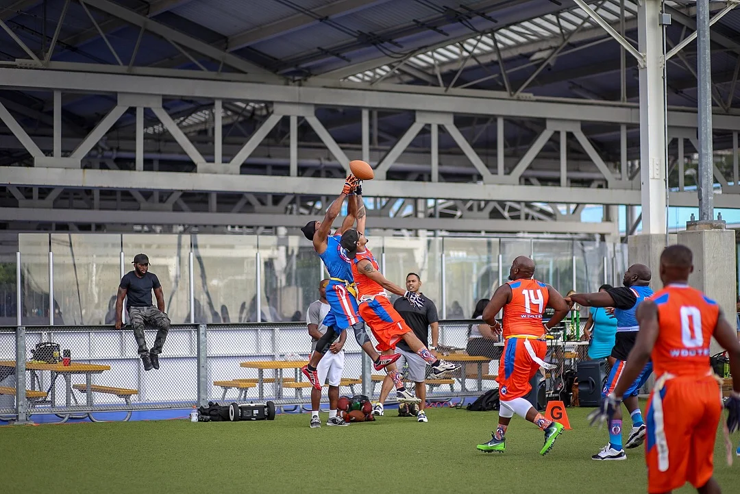 Ballin 4 Peace Orange Blue White flag football uniforms, compression jerseys, shorts