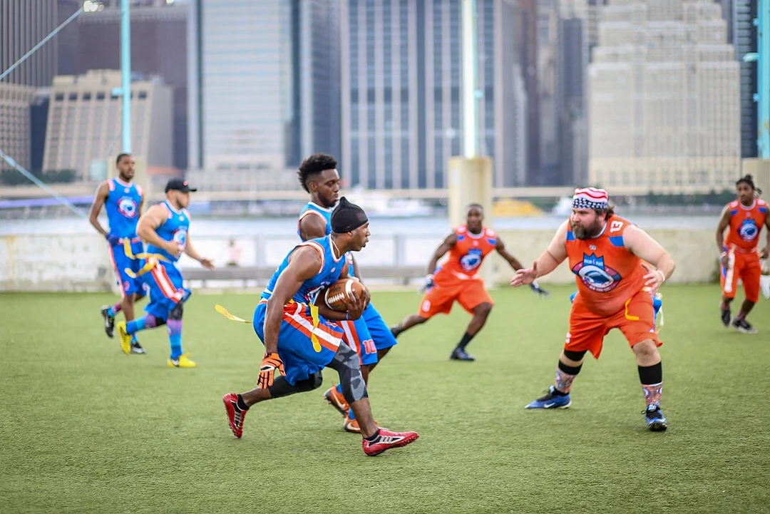 Ballin 4 Peace Orange Blue White flag football uniforms, compression jerseys, shorts