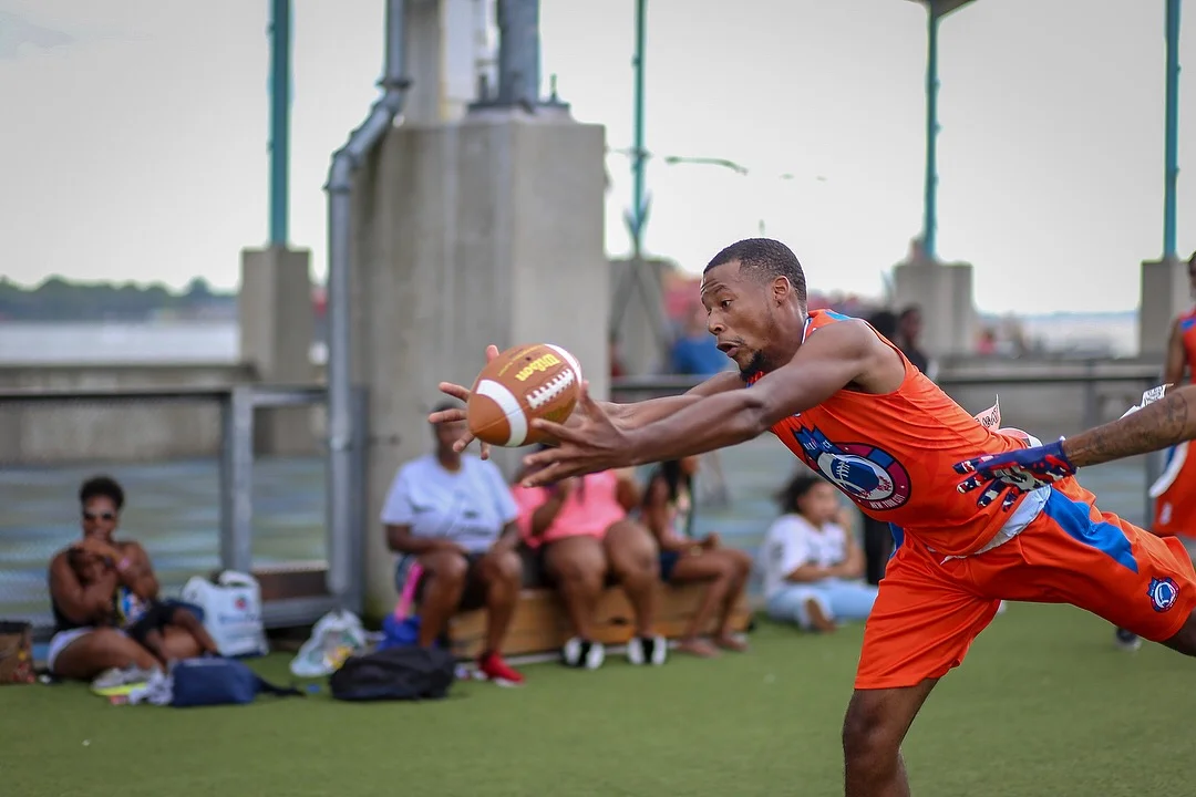 Ballin 4 Peace Orange Blue White flag football uniforms, compression jerseys, shorts