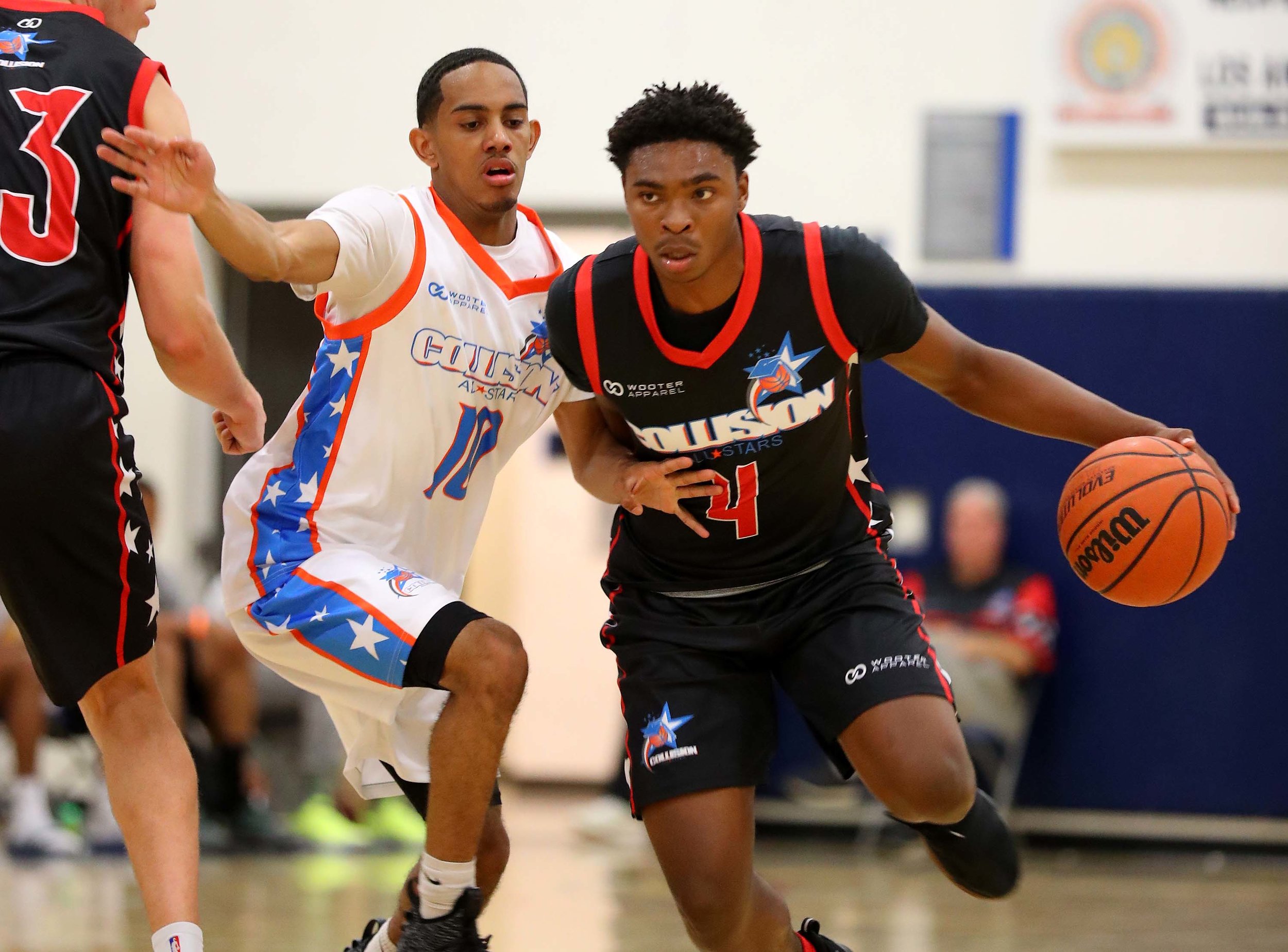 COLLISION White Blue Orange Red Black Basketball Uniforms, Jerseys, and Shorts