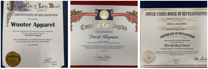 Awards from the City of Long Beach, the County of Los Angeles, and the U.S. House of Representatives were presented to Wooter Apparel recognizing their contributions to youth athletics and the BOSS Program.