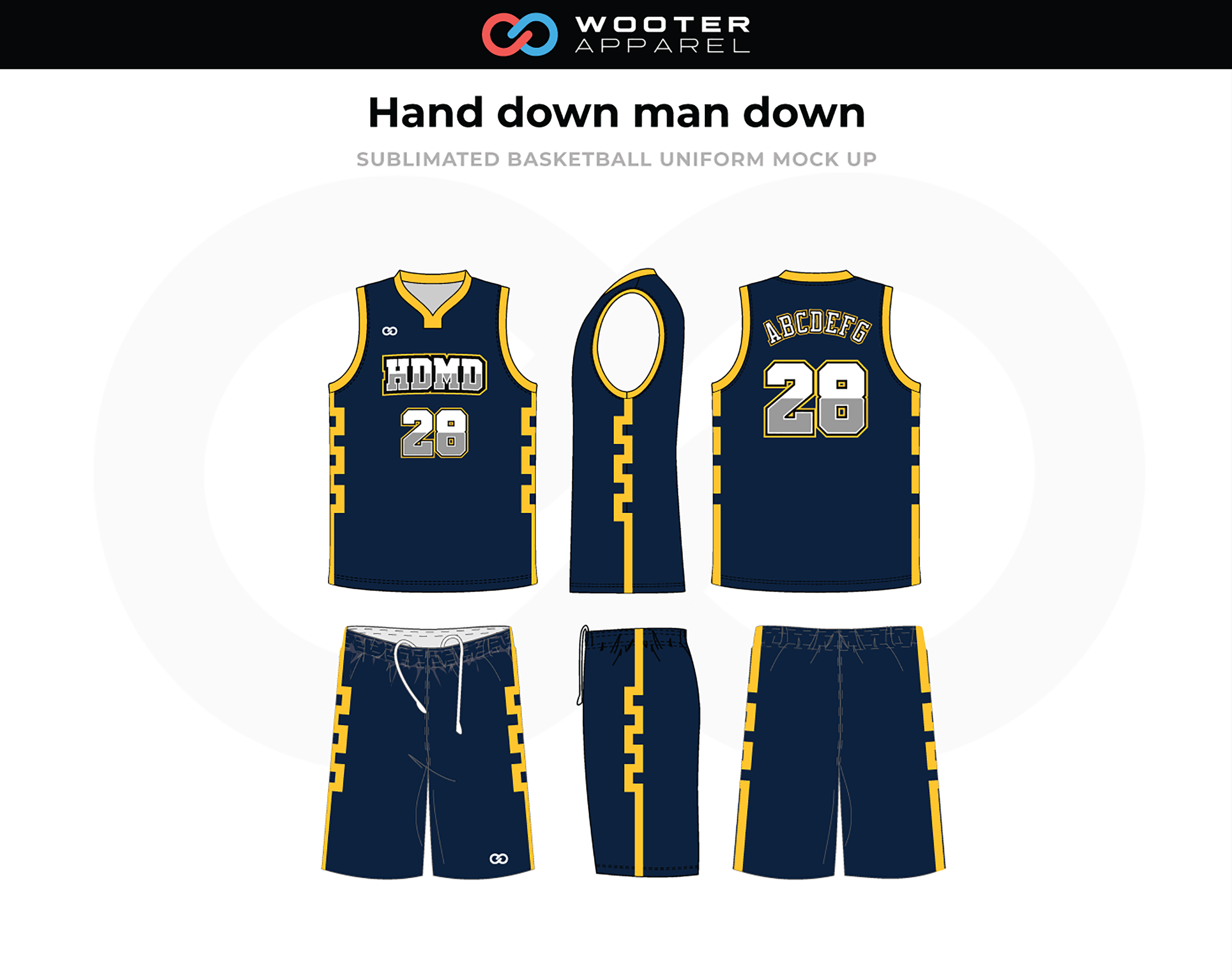 HAND DOWN MAN DOWN Blue Yellow White Basketball Uniform, Jersey and Shorts