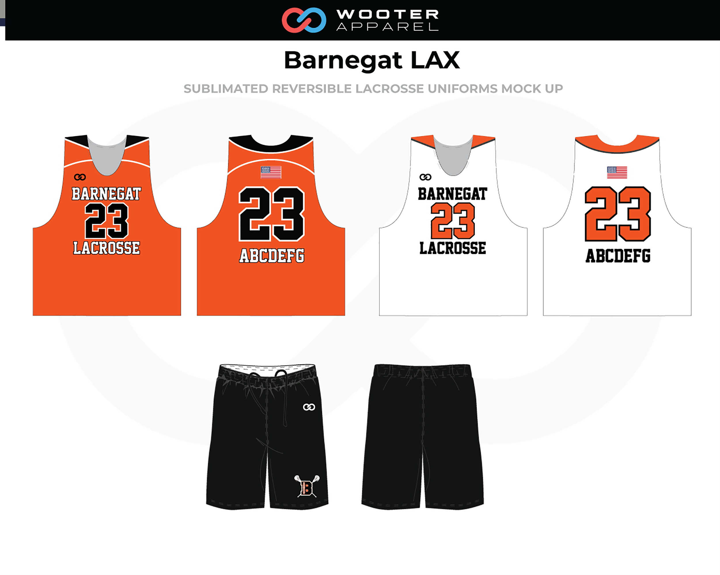 BARNEGAT LAX Orange White Black Reversible Lacrosse Uniforms, Jerseys, and Shorts