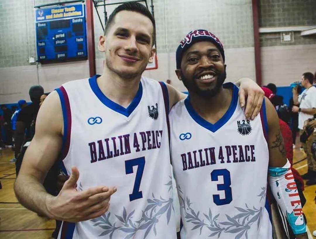 Give And Go: After teaming-up the past two years to collaborate on customized jerseys and uniforms for Ballin’ 4 Peace, Haron Hargrave (right) and Wooter Founder and CEO Alex Aleksandrovski (left) unite to release the latest Ballin’ 4 Peace jersey for the 5th Annual charity basketball .