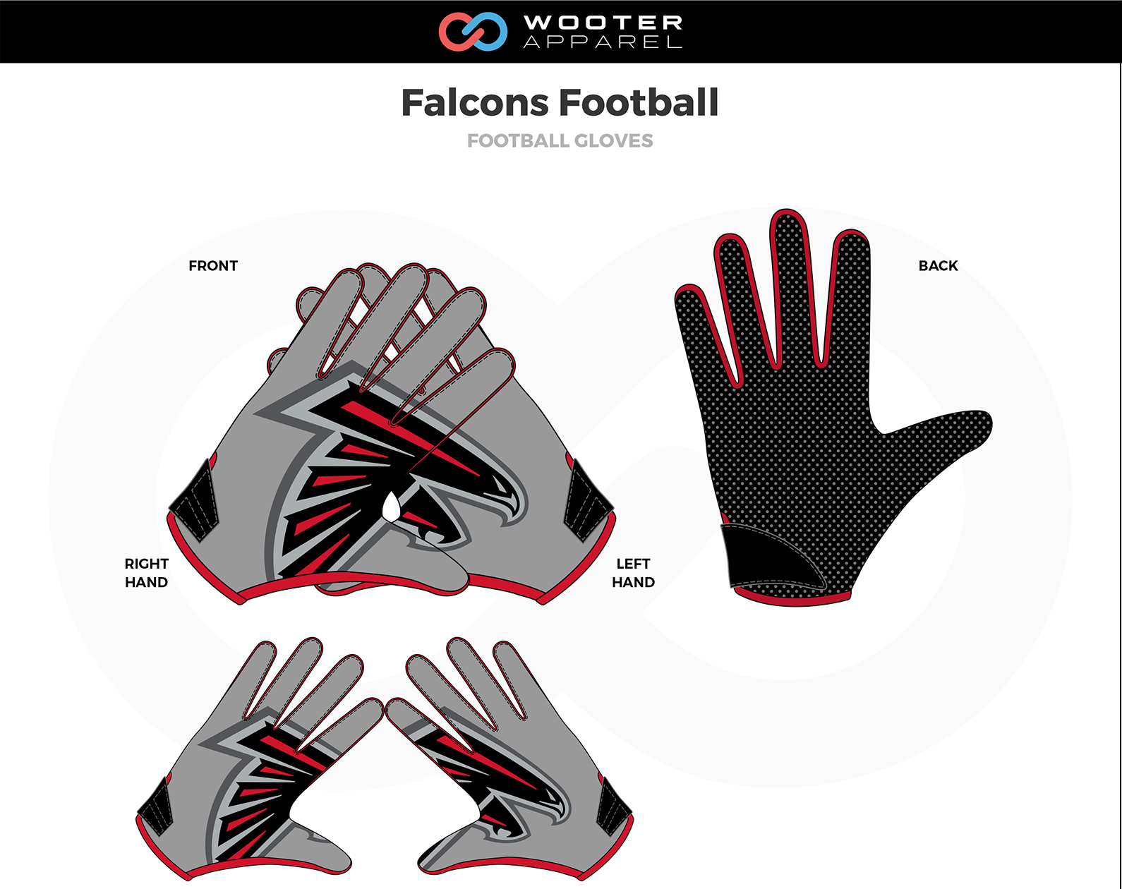 FALCONS Black Custom Football Gloves Gray Red Football Gloves 