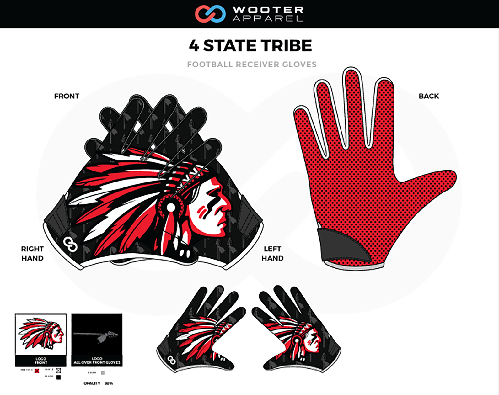 4 STATE TRIBE Red Black White Football Receiver Gloves Chief Headdress Custom Chiefs Gloves