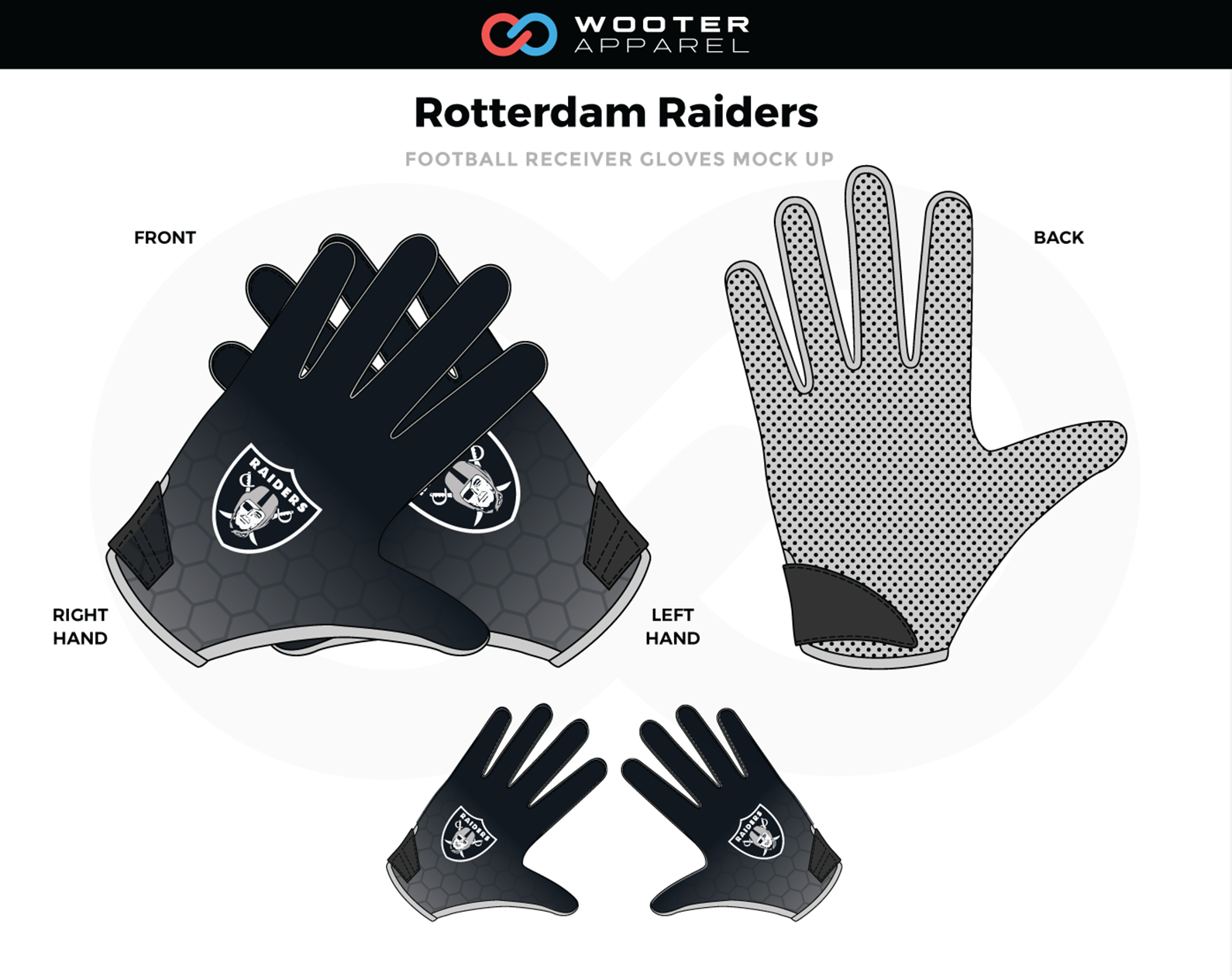 ROTTERDAM RAIDERS Black Gray White Football Receiver Gloves Custom Raiders Gloves 