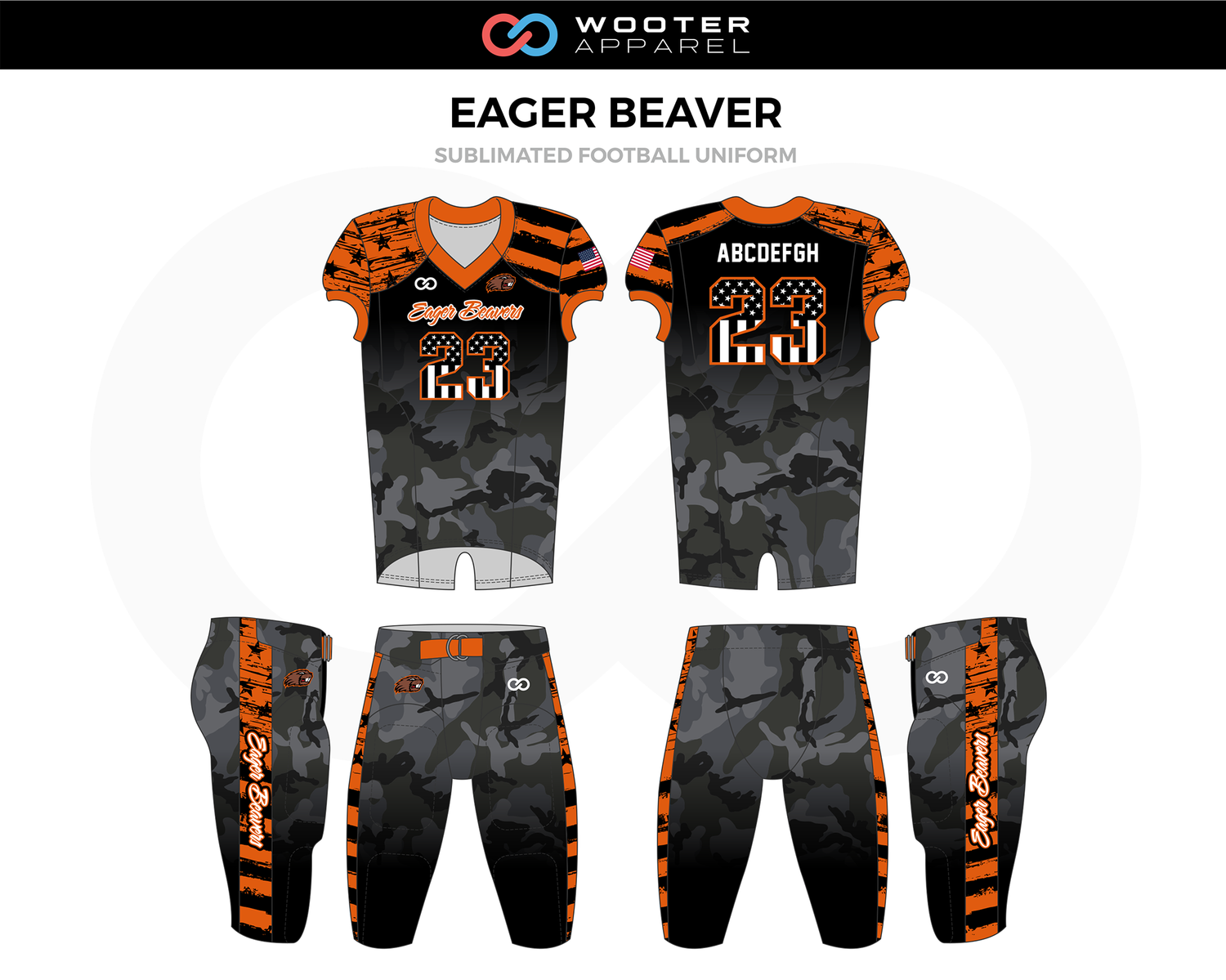 Custom Football Uniform Design - Eager Beavers - Black and Orange Camouflage