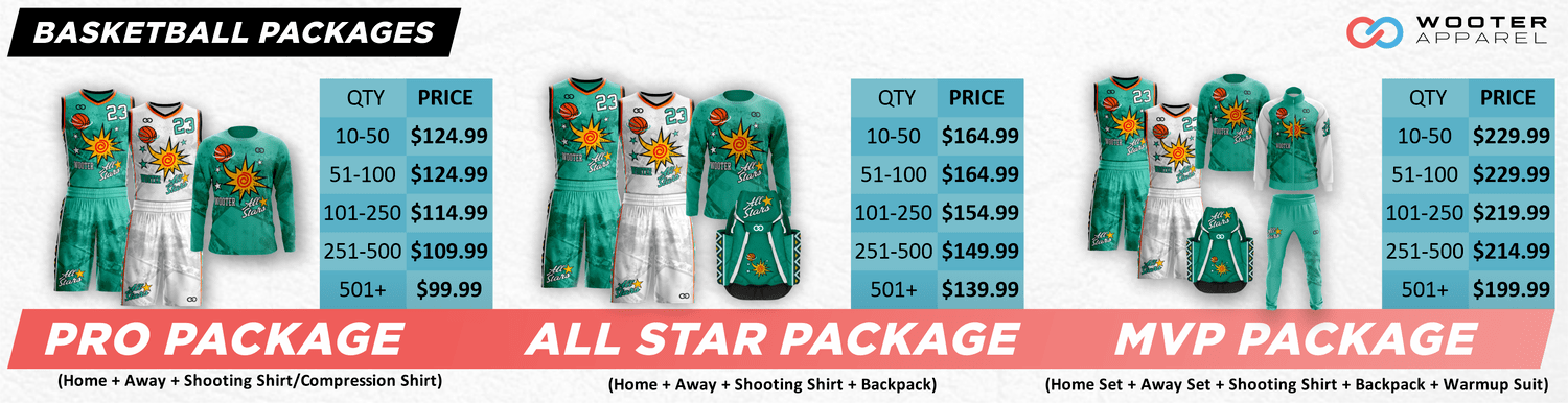 Custom basketball packages from Wooter Apparel including jerseys, shorts, and shooting shirts. Create a cohesive look for your team with our comprehensive and customizable options.