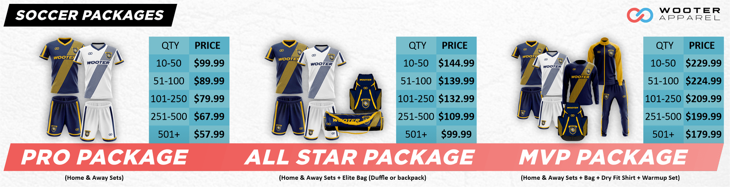 Custom soccer packages from Wooter Apparel including jerseys, shorts, and socks. Choose from a range of colors, sizes, and designs to create a cohesive look for your team.