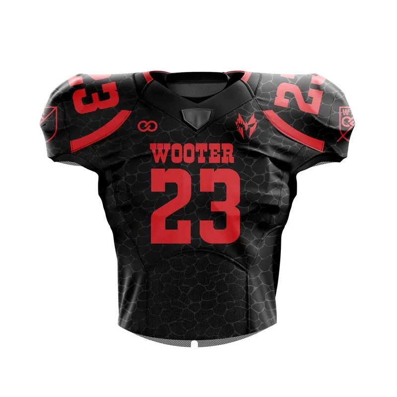 wooter apparel mockup of a custom pro football jersey with a sublimated design black and red