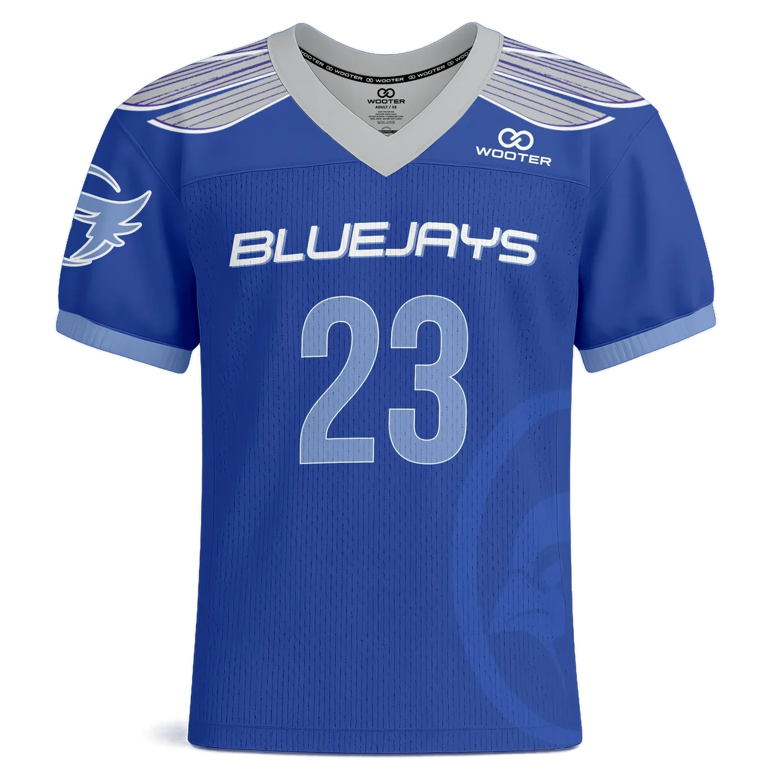 Wooter Apparel mockup of custom practice football jerseys, the practice football jersey is sublimated and the image shows a bluejays style football design.
