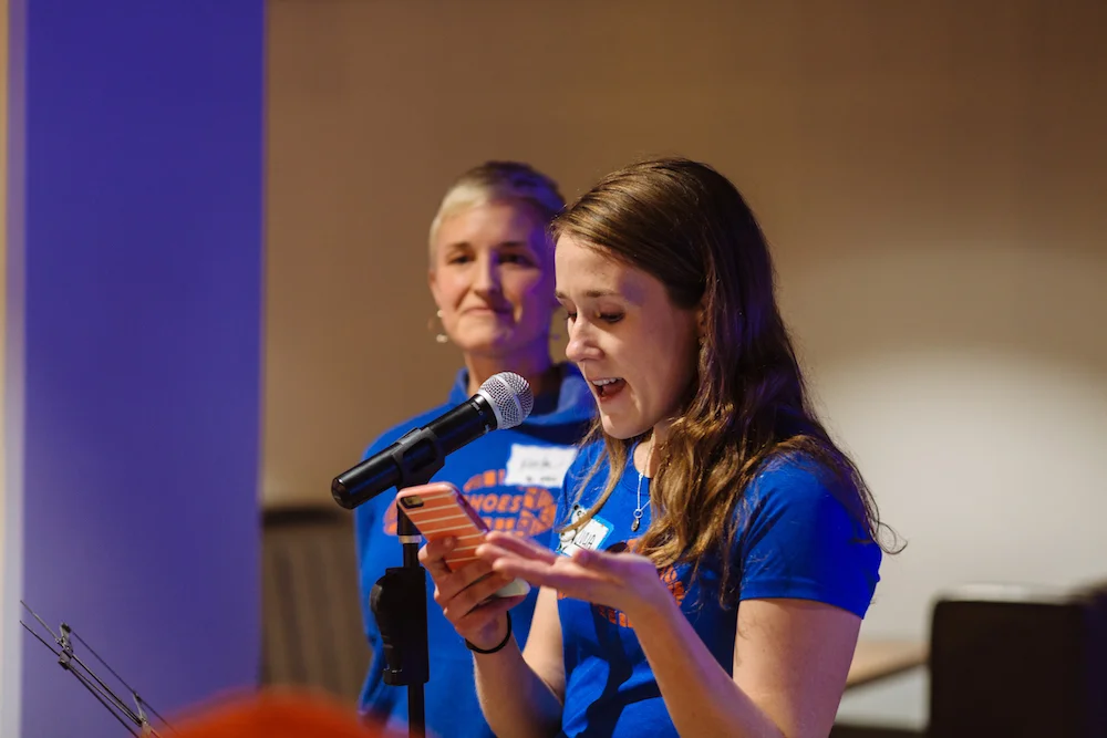  Team Leaders Krista (speaking) and Julia at the 2017 MiMSies