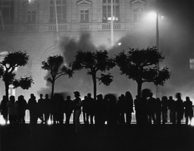 "Rioters outside San Francisco City Hall the evening of May 21, 1979, reacting to the voluntary manslaughter verdict for Dan White, that ensured White would serve only five years for the double murders of Harvey Milk and George Moscone" (wikipedia)