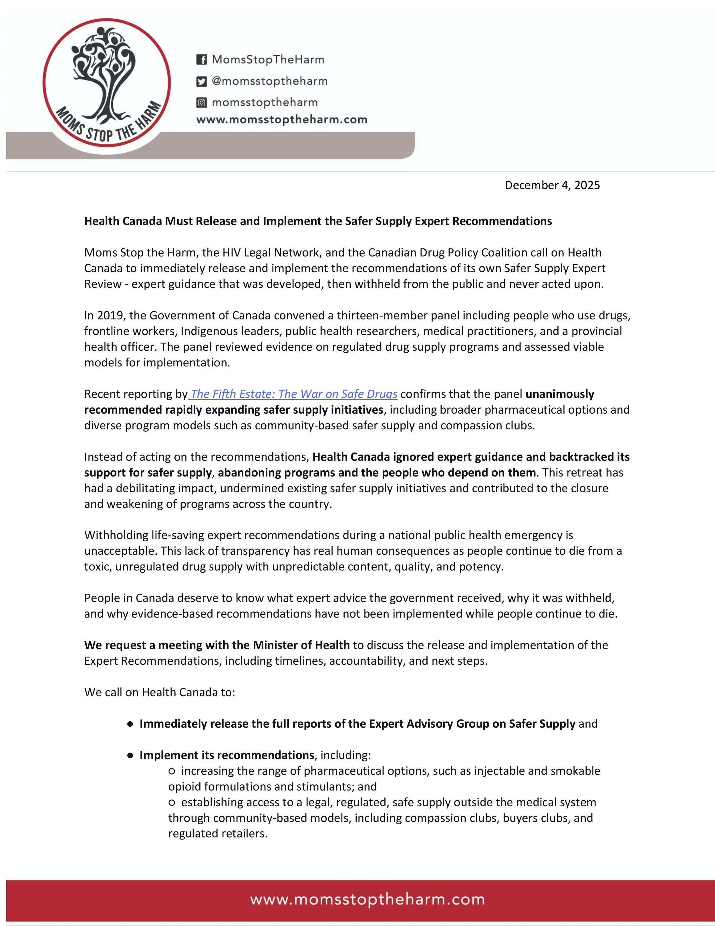 Request For Meeting re: Health Canada's Safer Supply Expert Advisory Group Recommendations