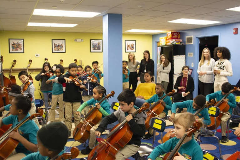 Esperanza Spalding at Conservatory Lab with the second-grade orchestra named for her.