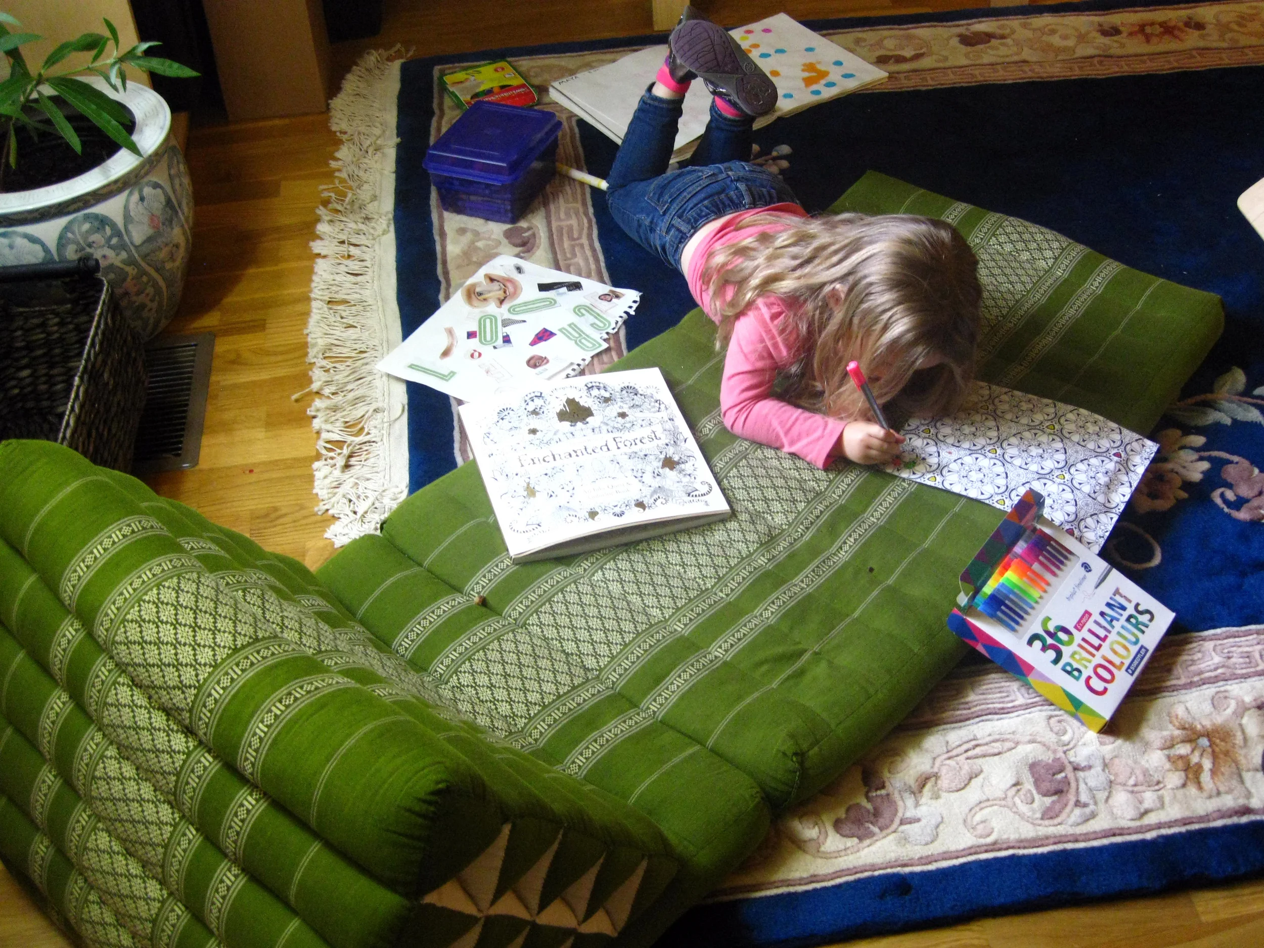 Sometimes my daughter and I enjoy coloring together - I in my coloring book, she in hers (or her sketchbook behind her)