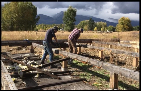 Noah and Greg do demolition work for the yurt platform.