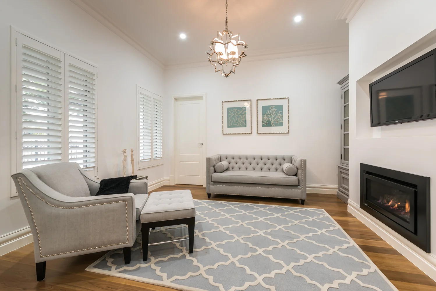 custom rug, sofa, armchair and footstool