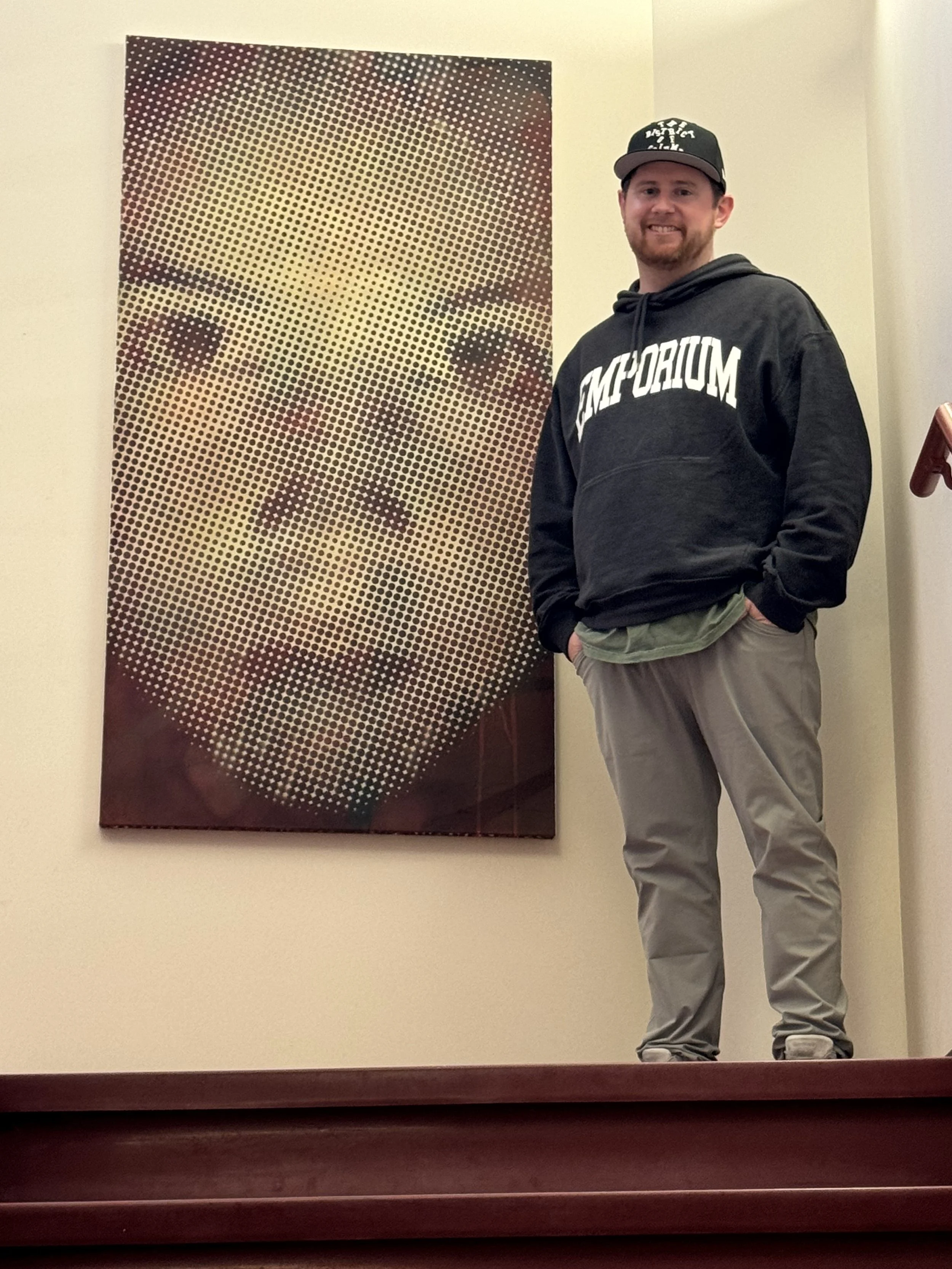 Abstract portrait halftone stencil painting by Zane Statz, Green Bay artist