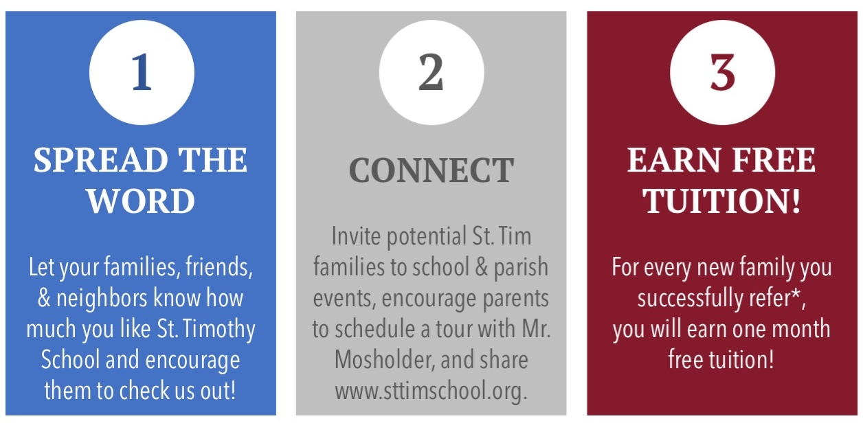 St. Timothy K-8 Catholic School offers a referral program to reward school families for bringing new students to the school.