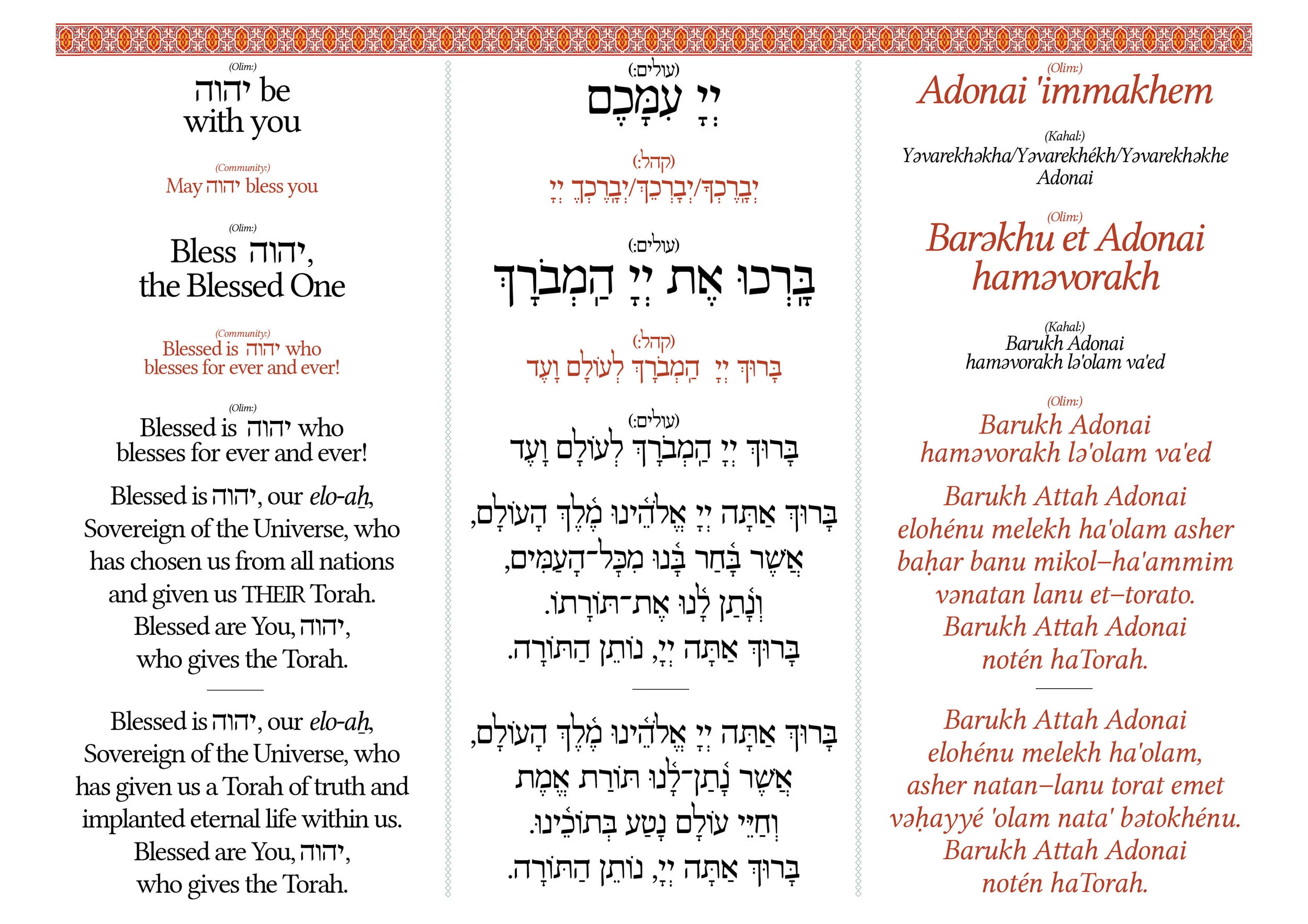 This page actually probably won't be in the siddur at all (at least not in this format) but will be among the materials available to be downloaded on our future website. The idea of Siddur Masorti has always been to provide the resources for anyone to create a Sepharadi, egalitarian minyan. That has been accomplished thanks to Isaac and a devoted group of volunteers here in London, who have formed Kolot haKahal, the first Sephardi-Egal minyan in the Western Hemisphere. This page was created from the open-source text of Siddur Masorti to make an aliyah card for the bimah at Kolot haKahal. I'm so excited to have helped inspire and provide the liturgical resources for this amazing new project, and we hope it is the first of many.
