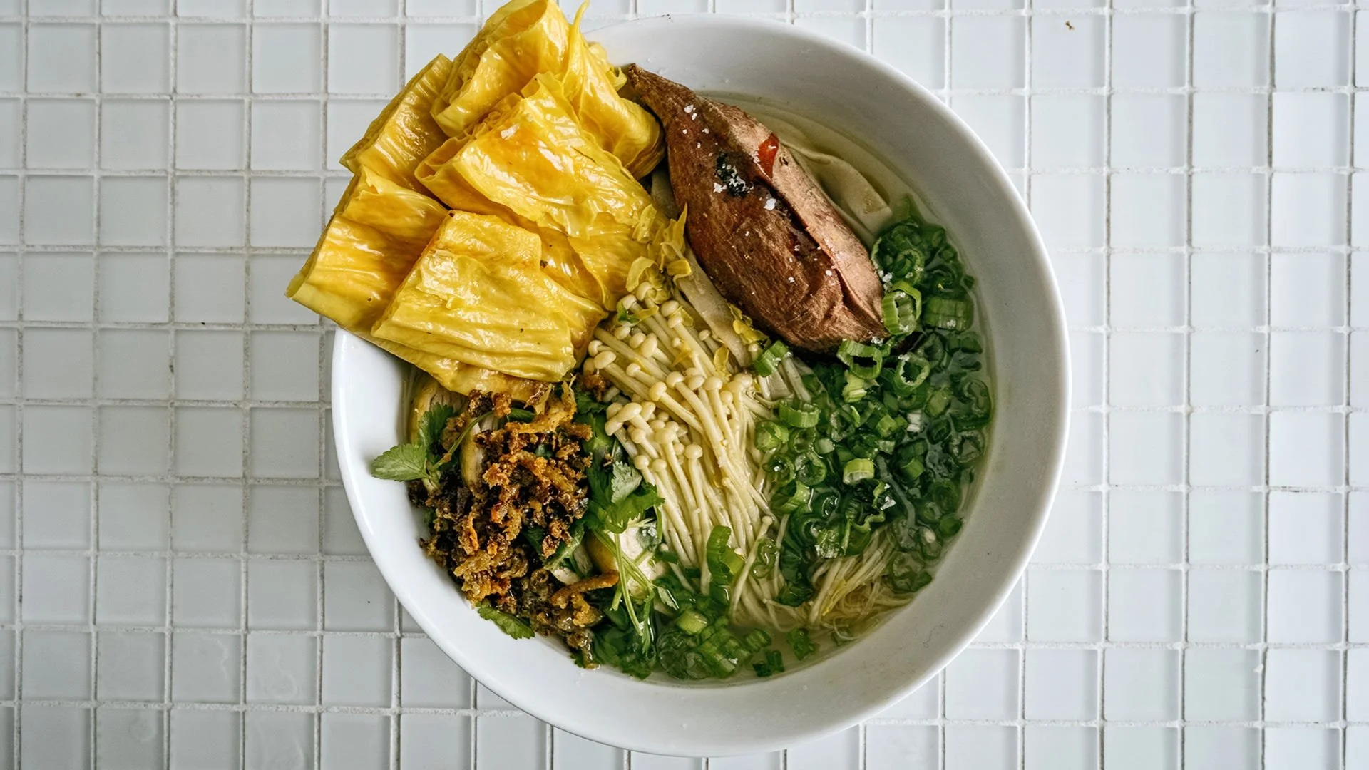 Warmly Spiced Ginger Chicken Soup with Yuba, Enoki, and Roasted Sweet Potato