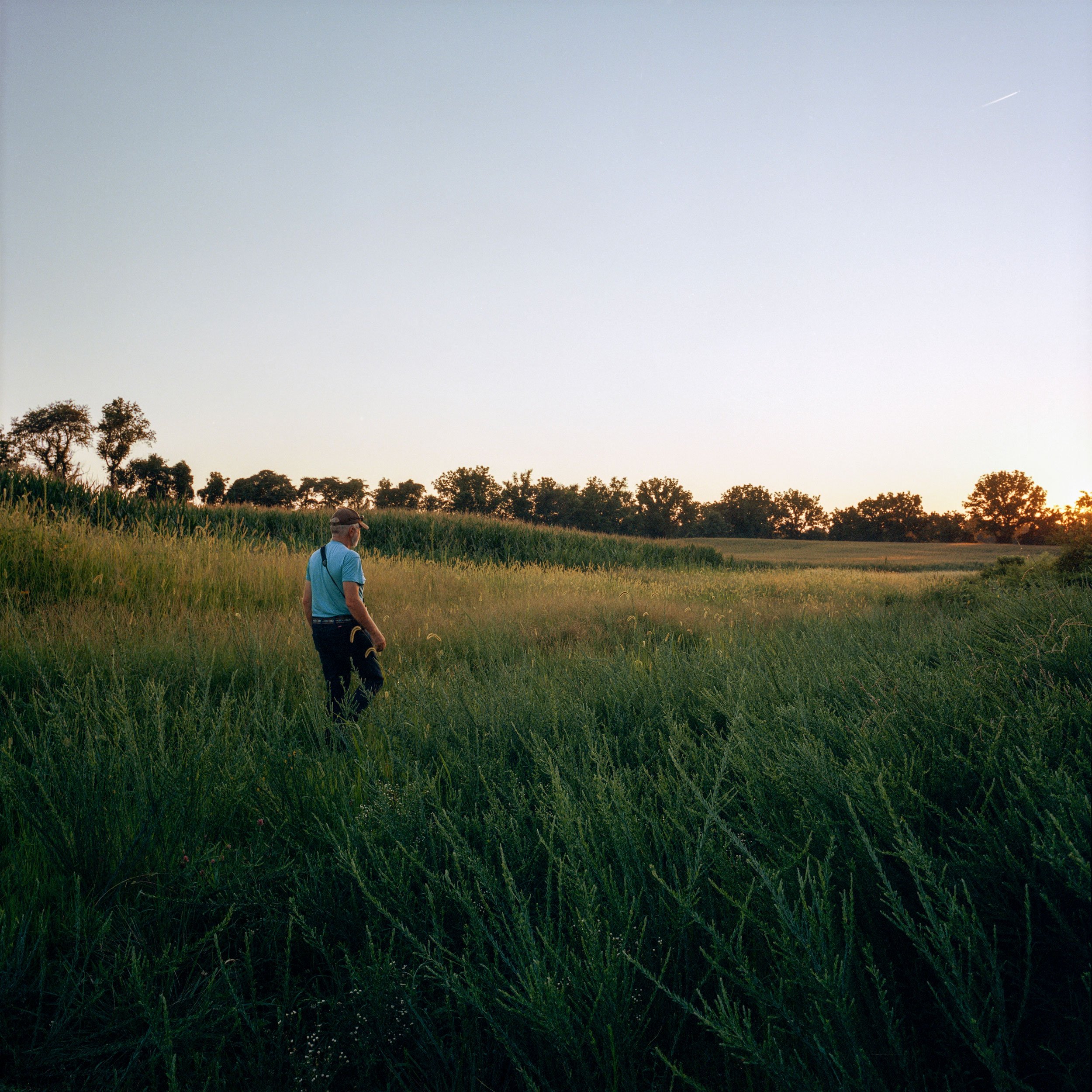 Jon walks through grass at dusk on the farm