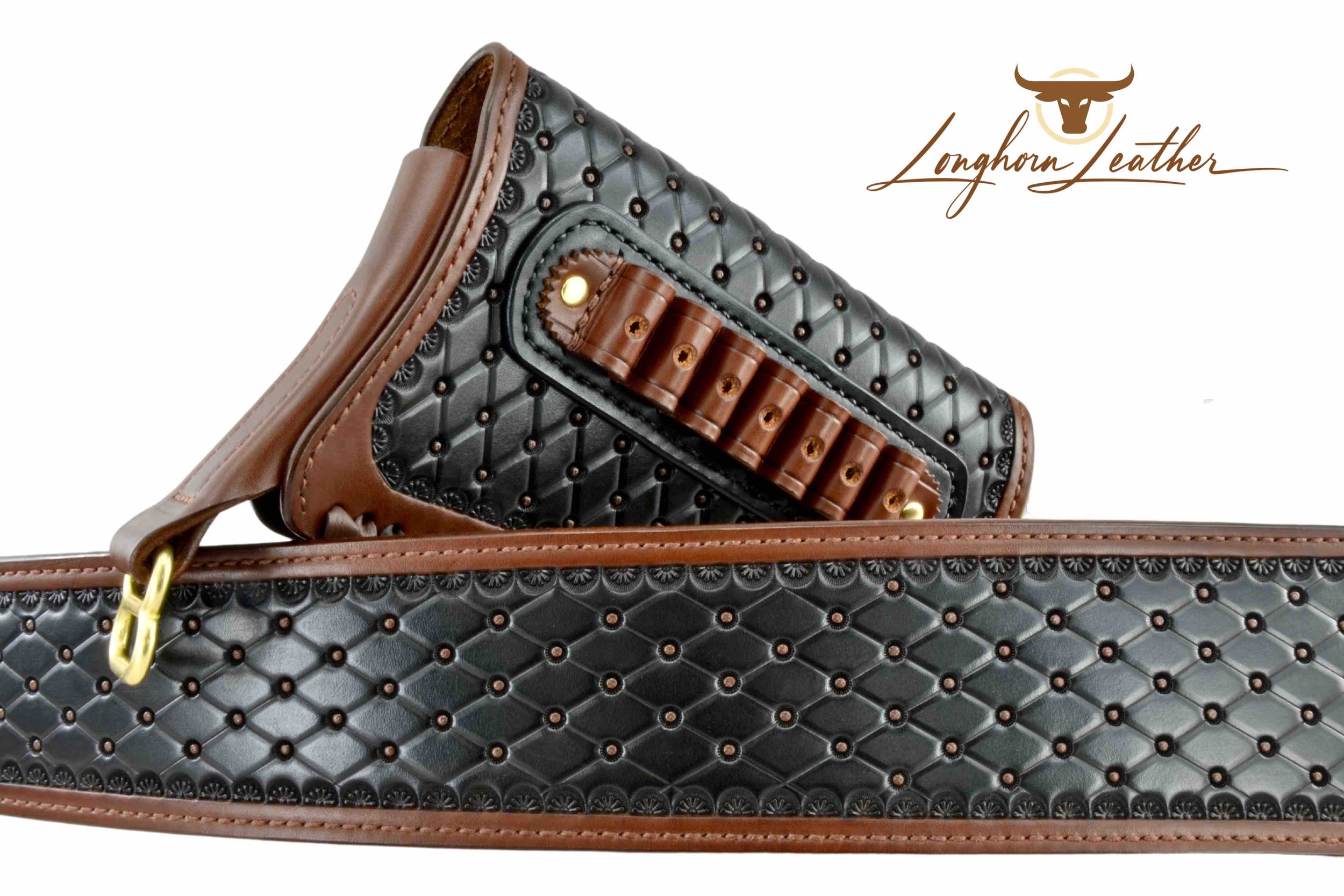 Custom leather gunstock cover and rifle sling featuring the San Carlos design. Individually handcrafted at Longhorn Leather AZ