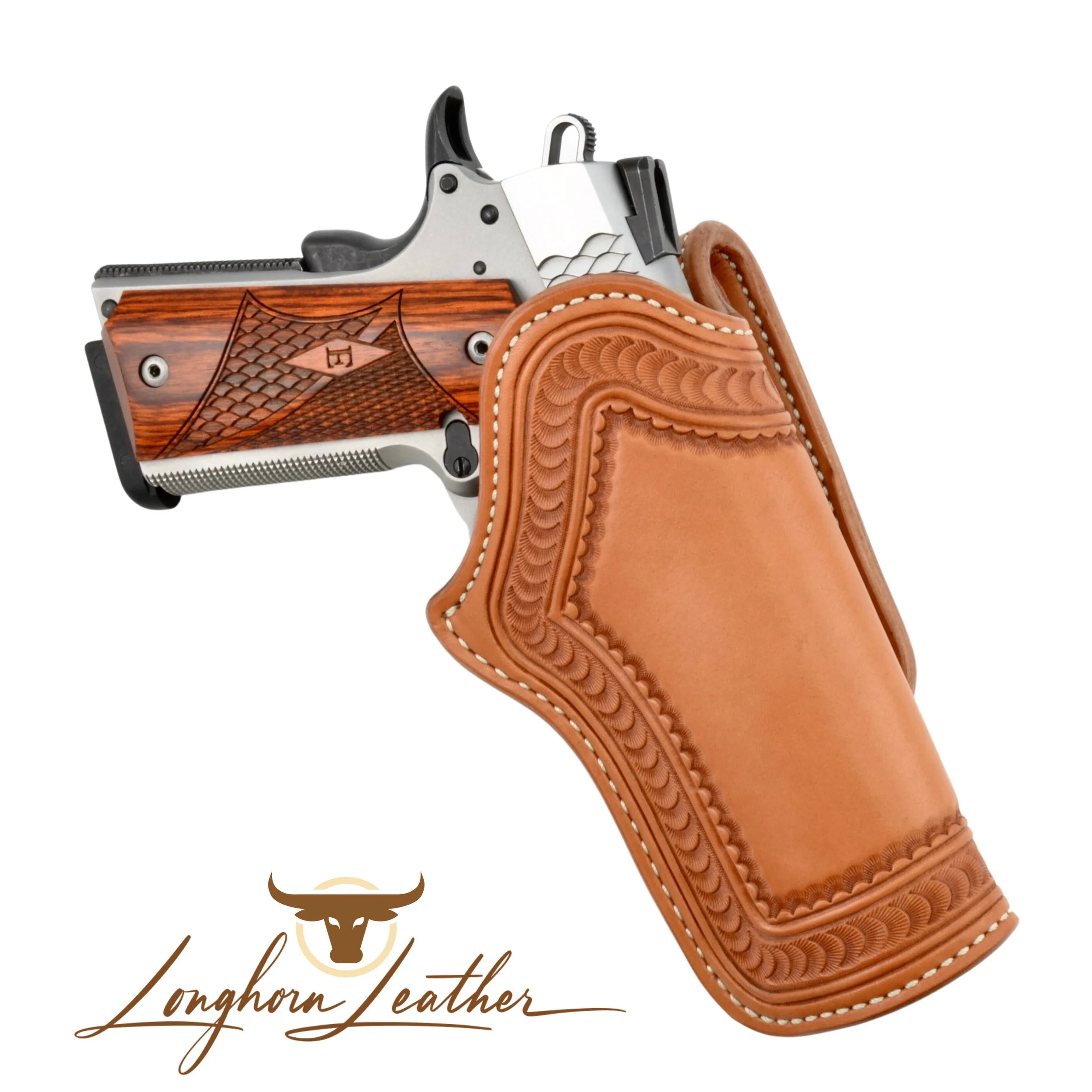 Custom leather 1911 holster featuring the Tucson design. Individually handcrafted at Longhorn Leather AZ