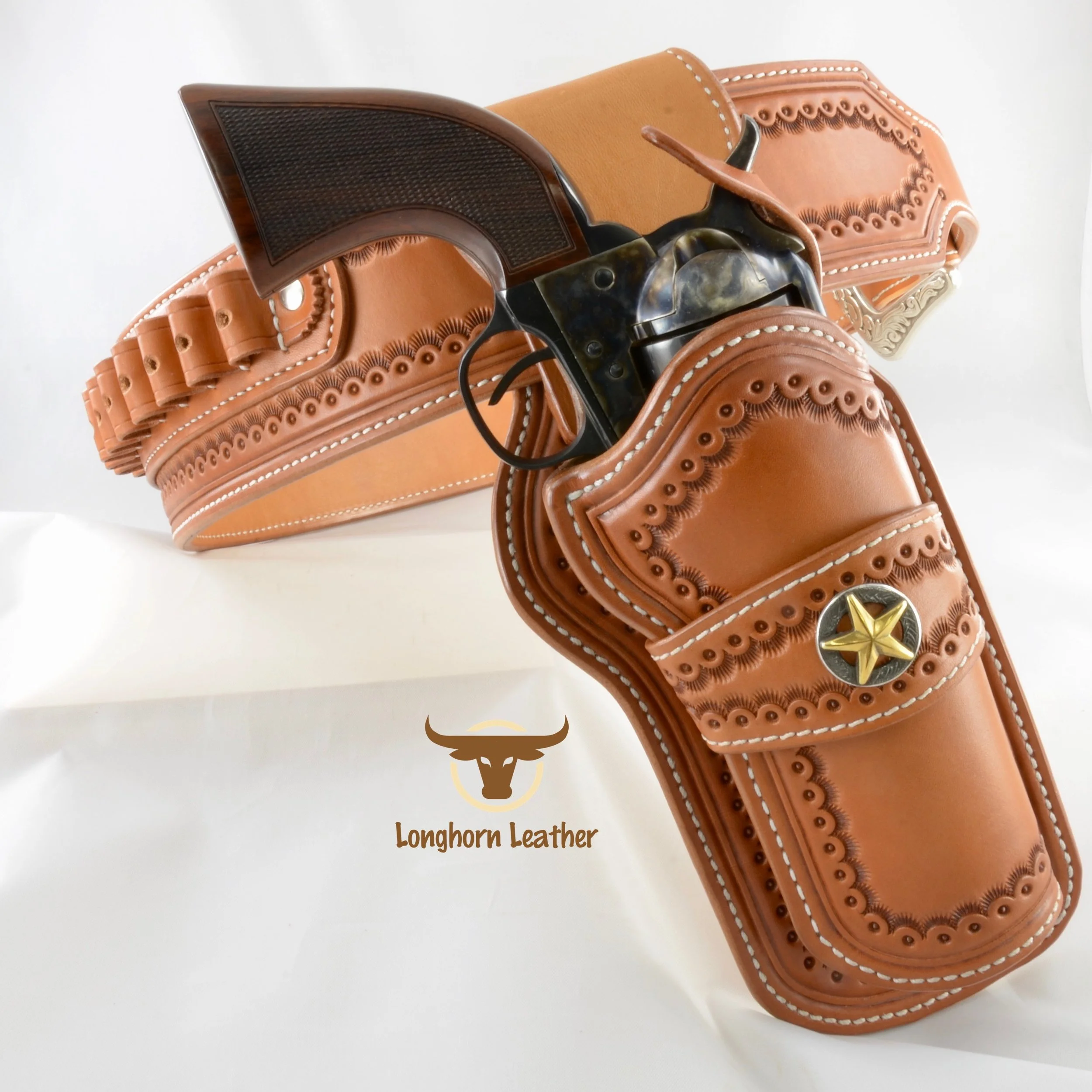 Longhorn Leather AZ - Single Action holster and cartridge belt featuring the %22Cimarron%22 design .jpg