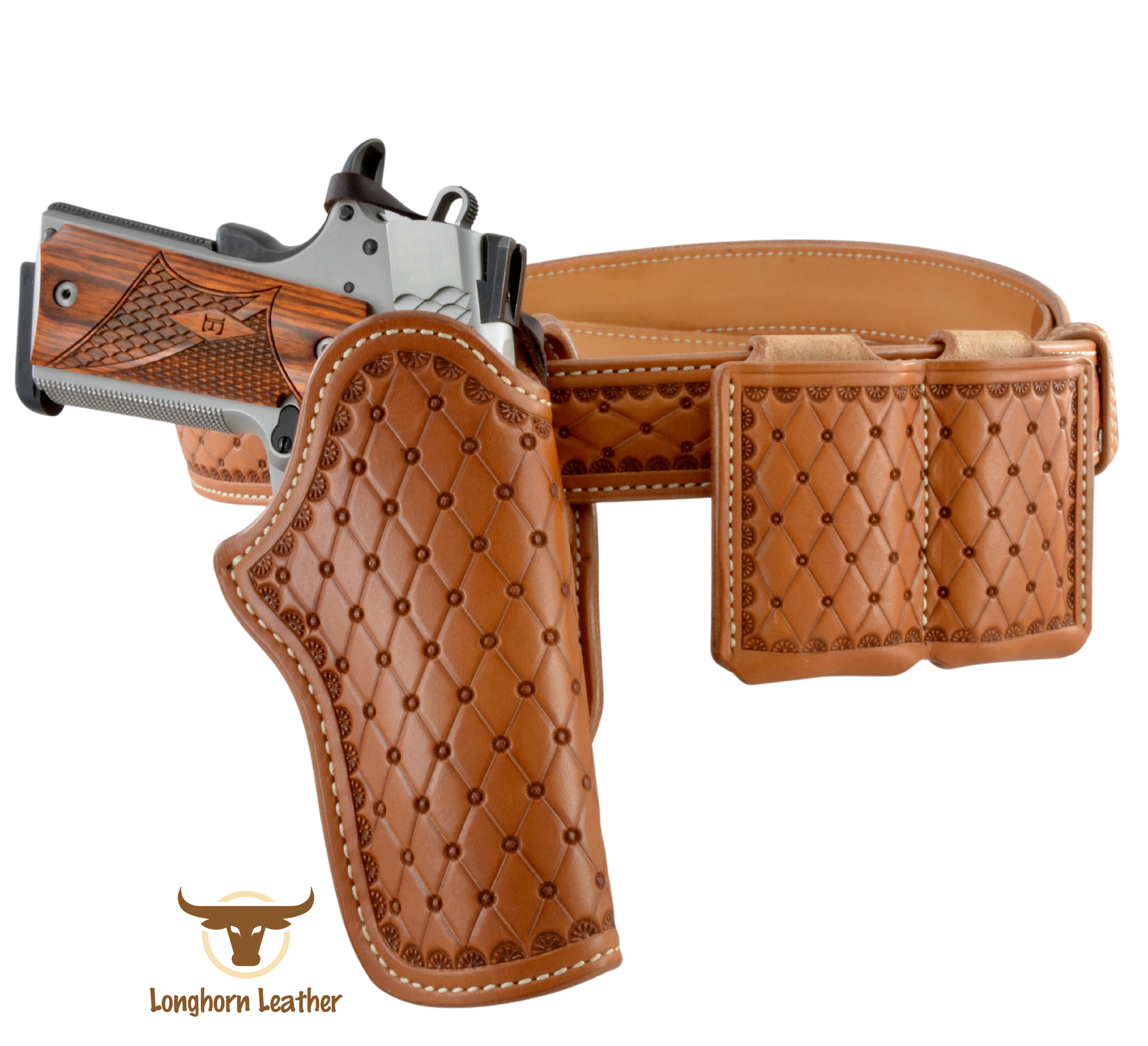 Custom leather 1911 holster, gun belt and magazine carrier featuring the “San Carlos” design.  Individually handcrafted at Longhorn Leather AZ.