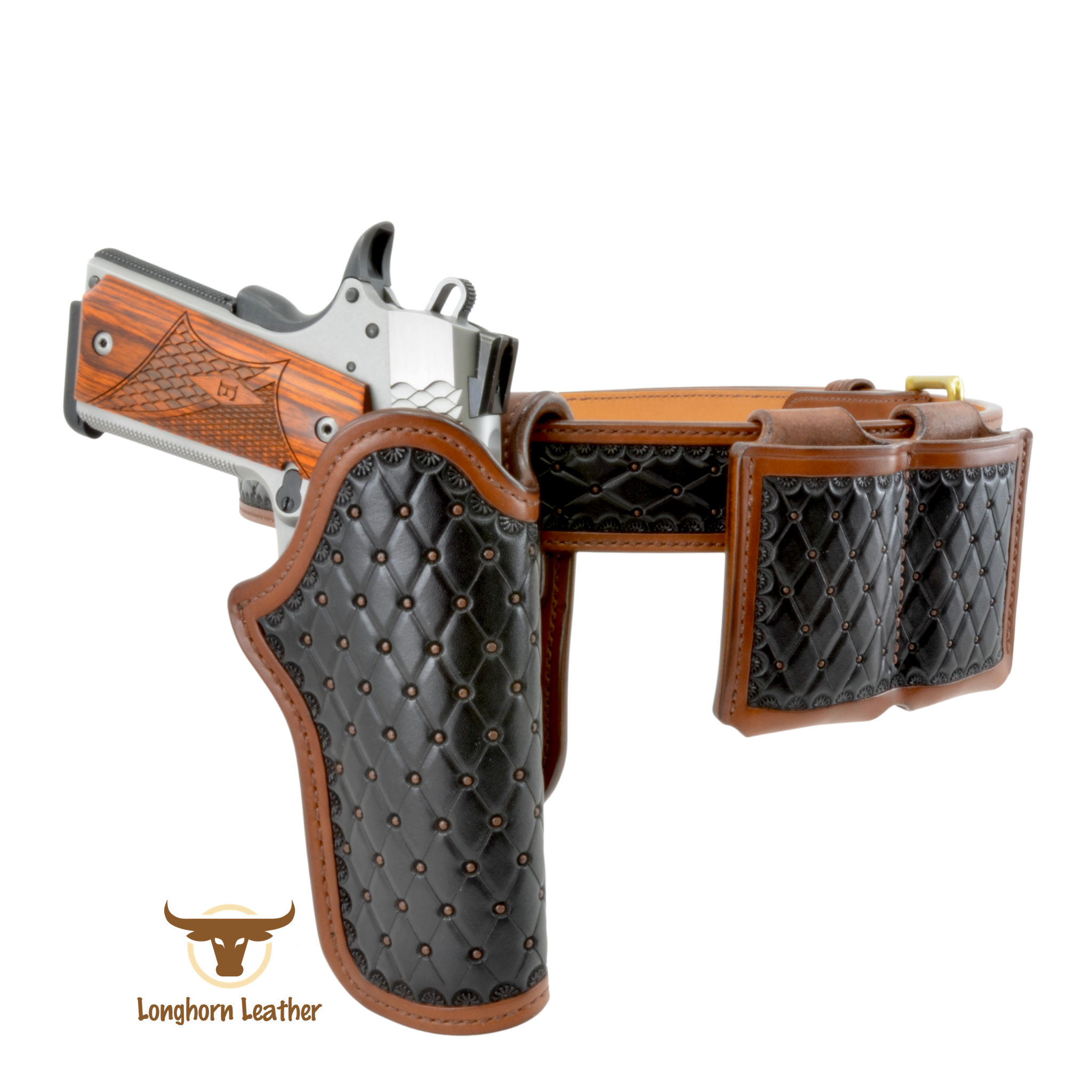 Custom leather 1911 holster, gun belt and magazine carrier featuring the “San Carlos” design.  Individually handcrafted at Longhorn Leather AZ..