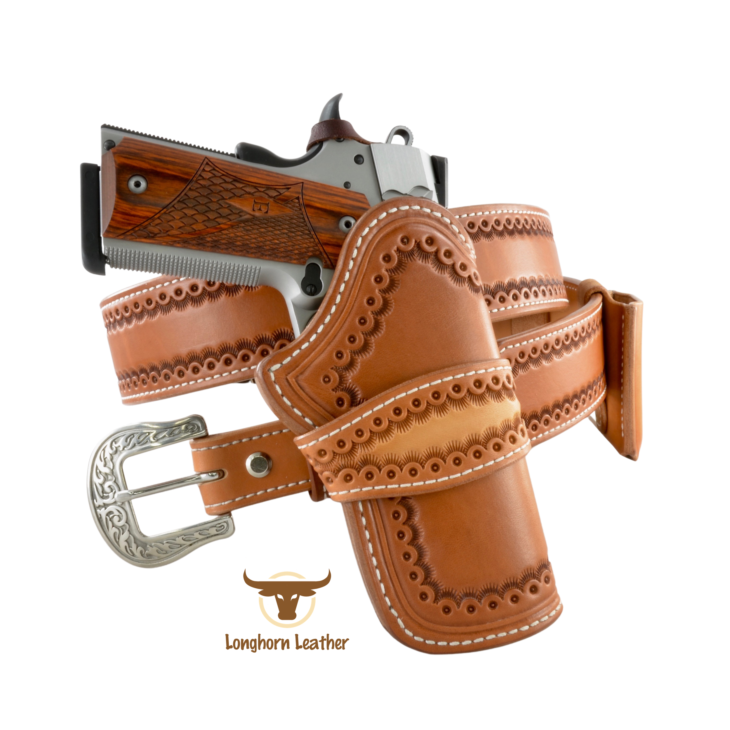 Custom leather 1911 holster, gun belt and magazine carrier featuring the "Cimarron" design.  Individually handcrafted at Longhorn Leather AZ.