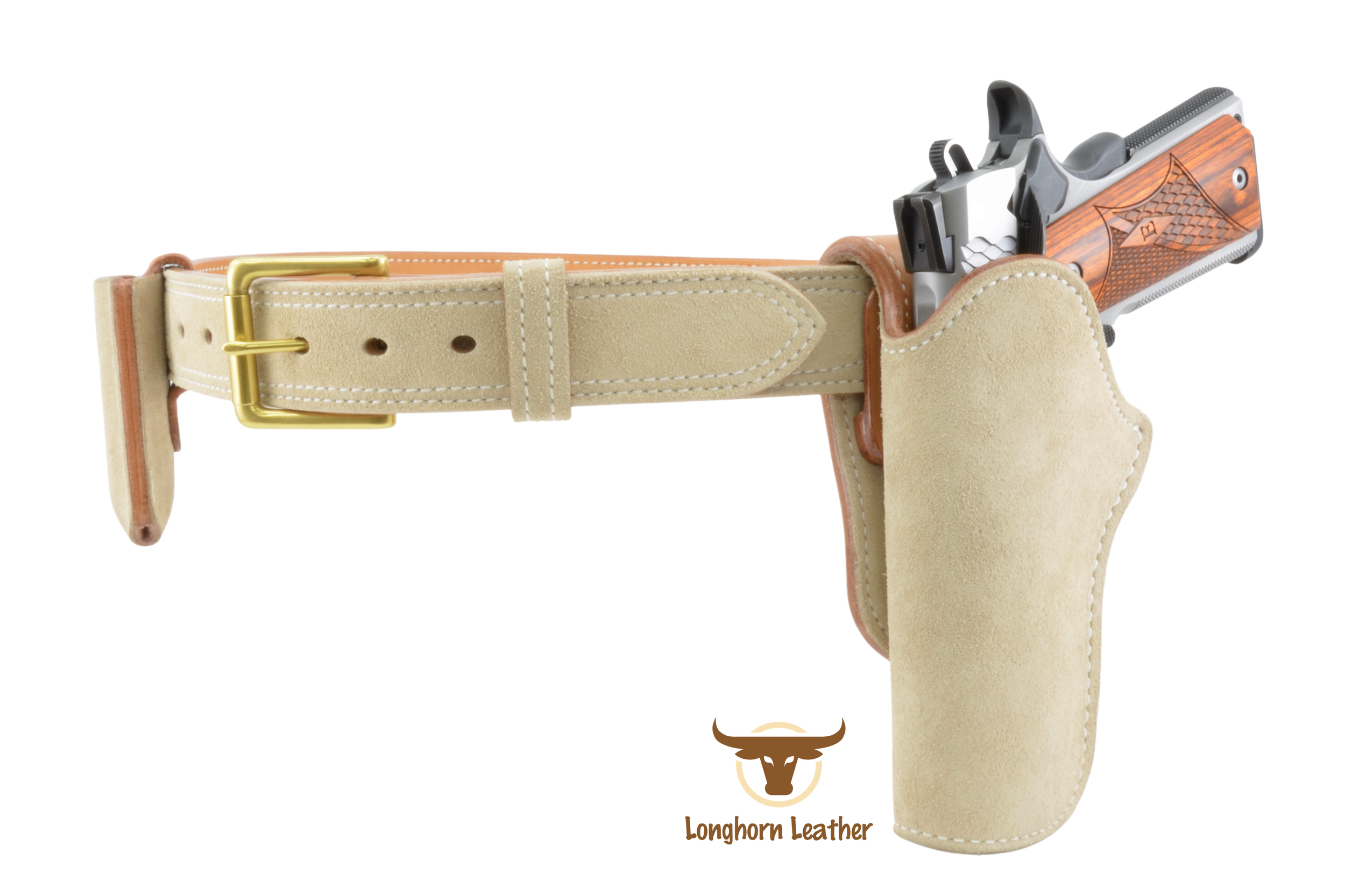 Custom leather 1911 holster, gun belt and magazine carrier featuring a "suede" exterior.  Individually handcrafted at Longhorn Leather AZ