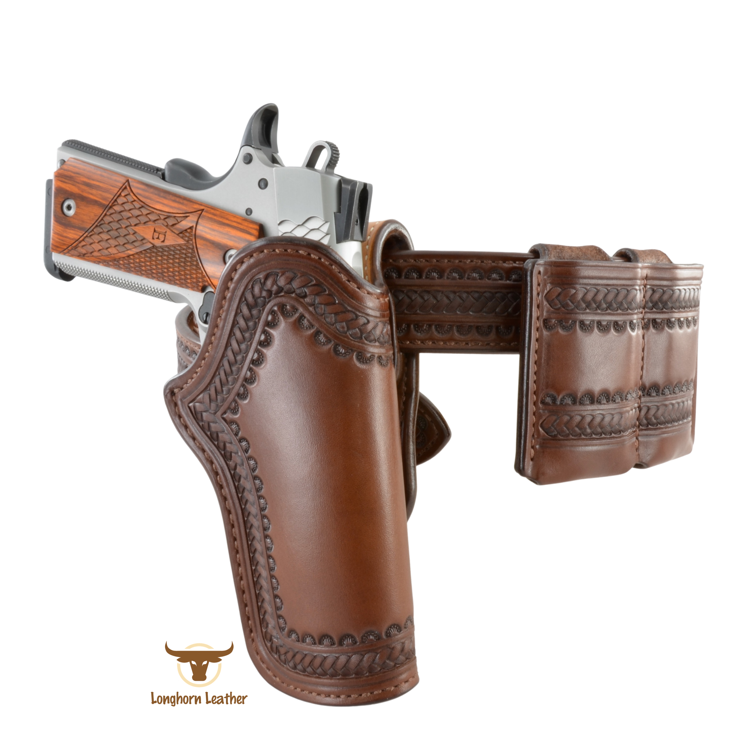 Custom leather 1911 holster, gun belt and magazine carrier featuring the “Sedona” design.  Individually handcrafted at Longhorn Leather AZ