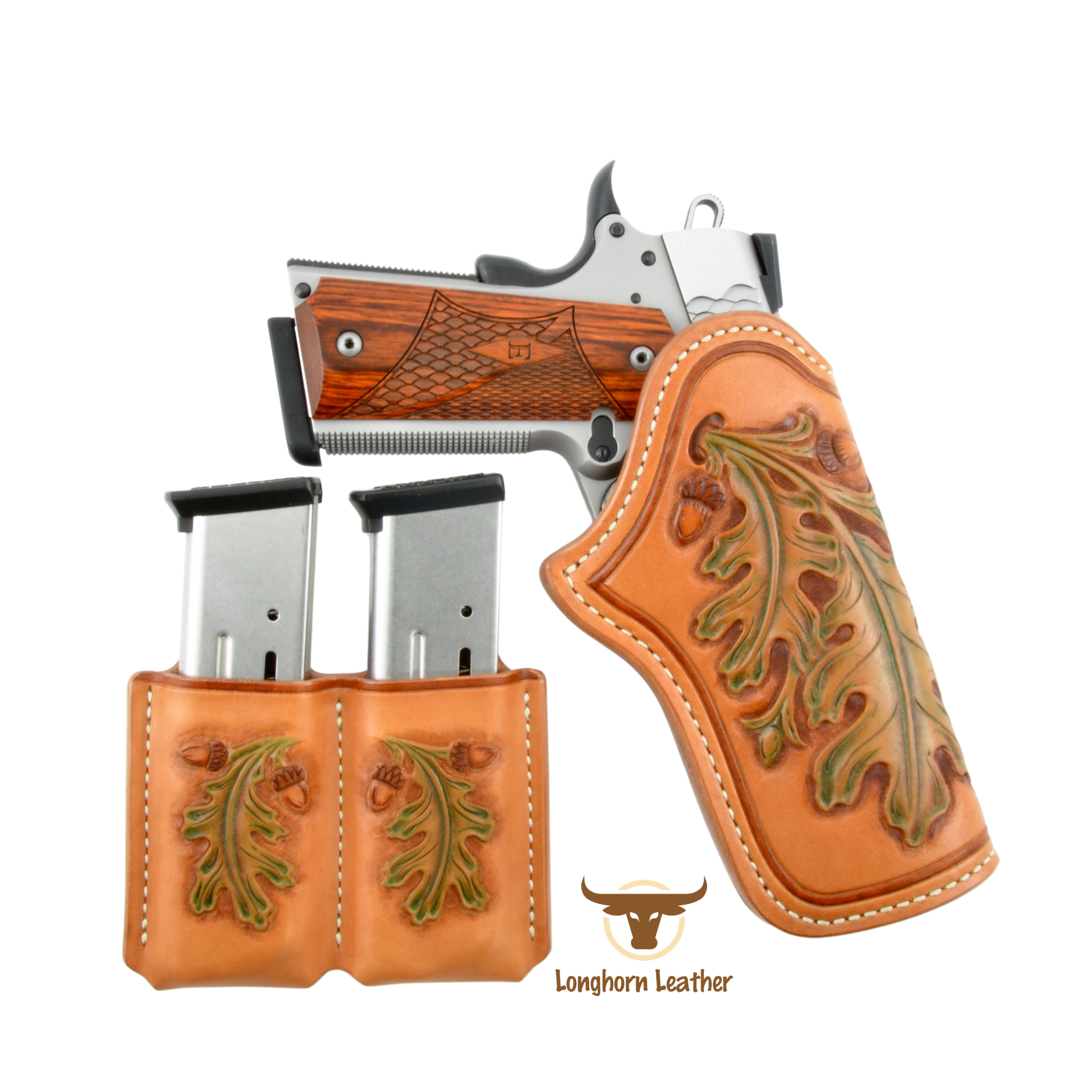 Custom leather 1911 holster and magazine carrier featuring an “Oakleaf and Acorn” design.  Individually handcrafted at Longhorn Leather AZ