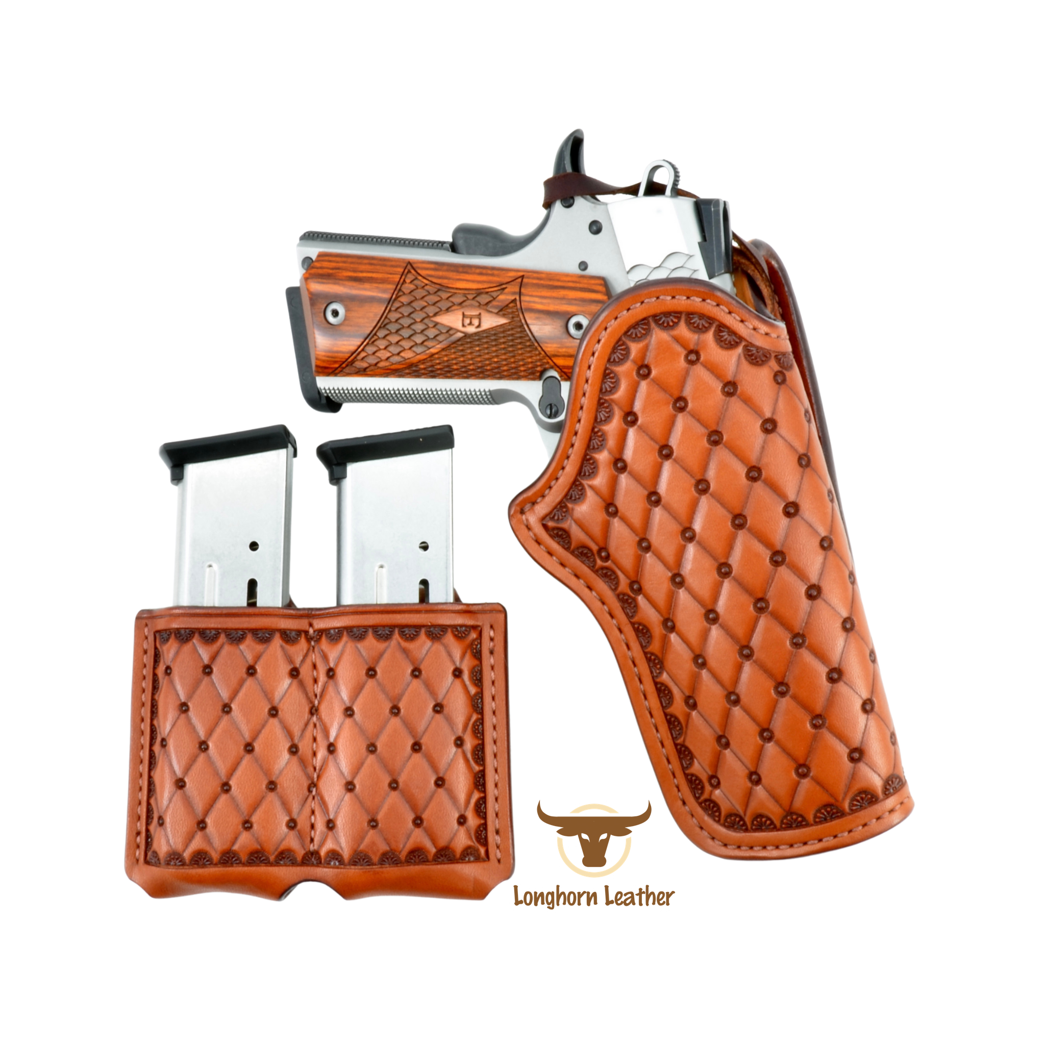 Custom Leather 1911 holster and magazine carrier featuring the “San Carlos” design.  Individually handcrafted at Longhorn Leather AZ