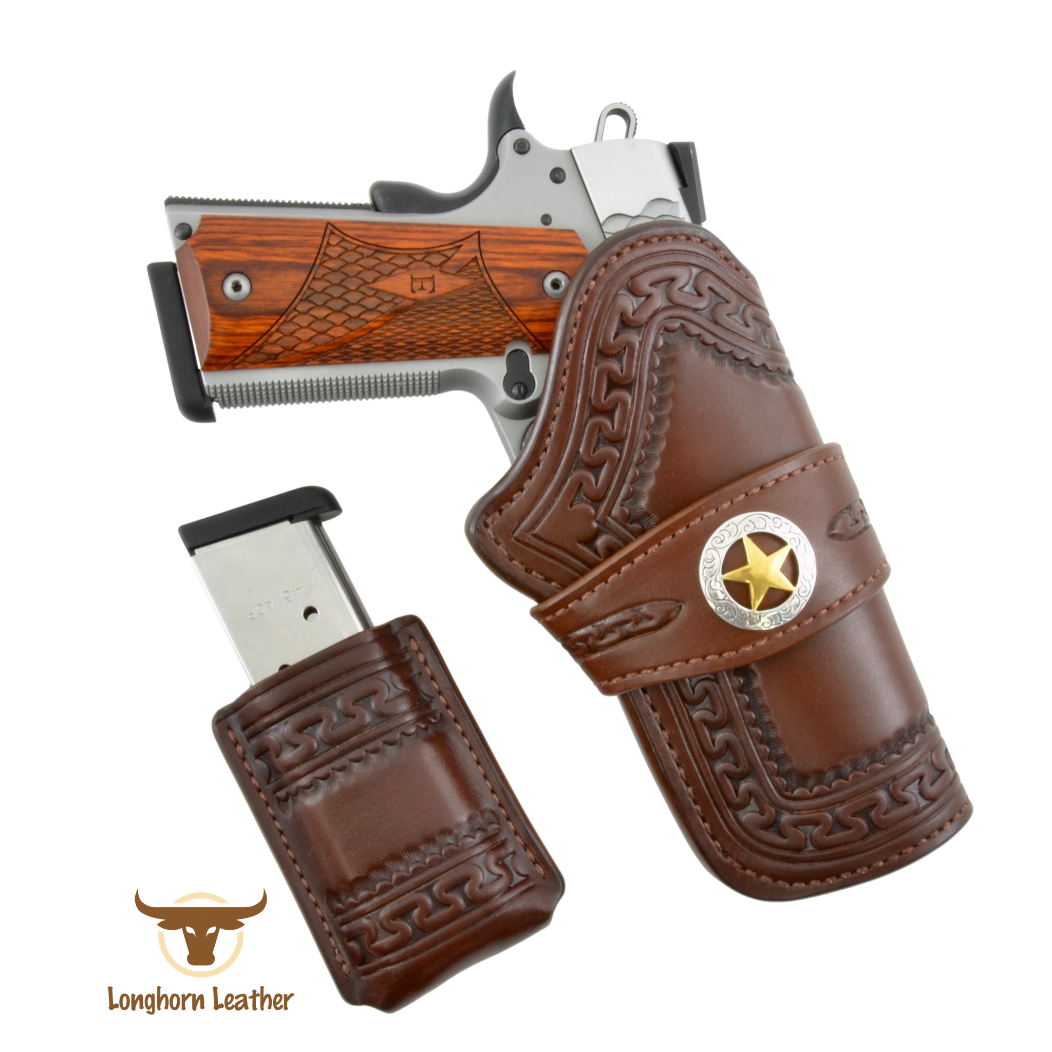 Custom leather 1911 holster and magazine carrier featuring the "Yuma" design.  Individually handcrafted at Longhorn Leather AZ