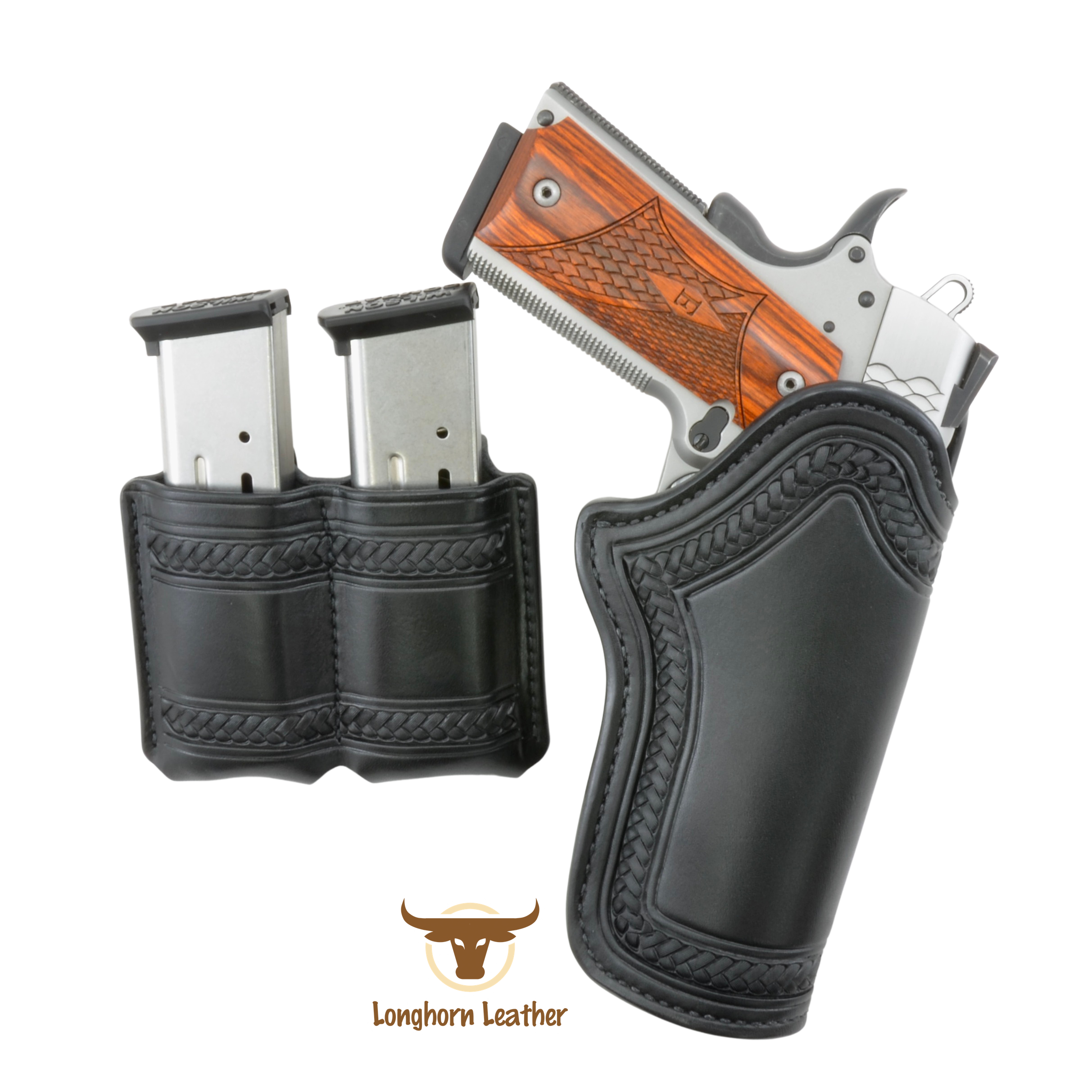 Custom leather 1911 holster and magazine carrier featuring the "Sedona" design. Individually handcrafted at Longhorn Leather AZ