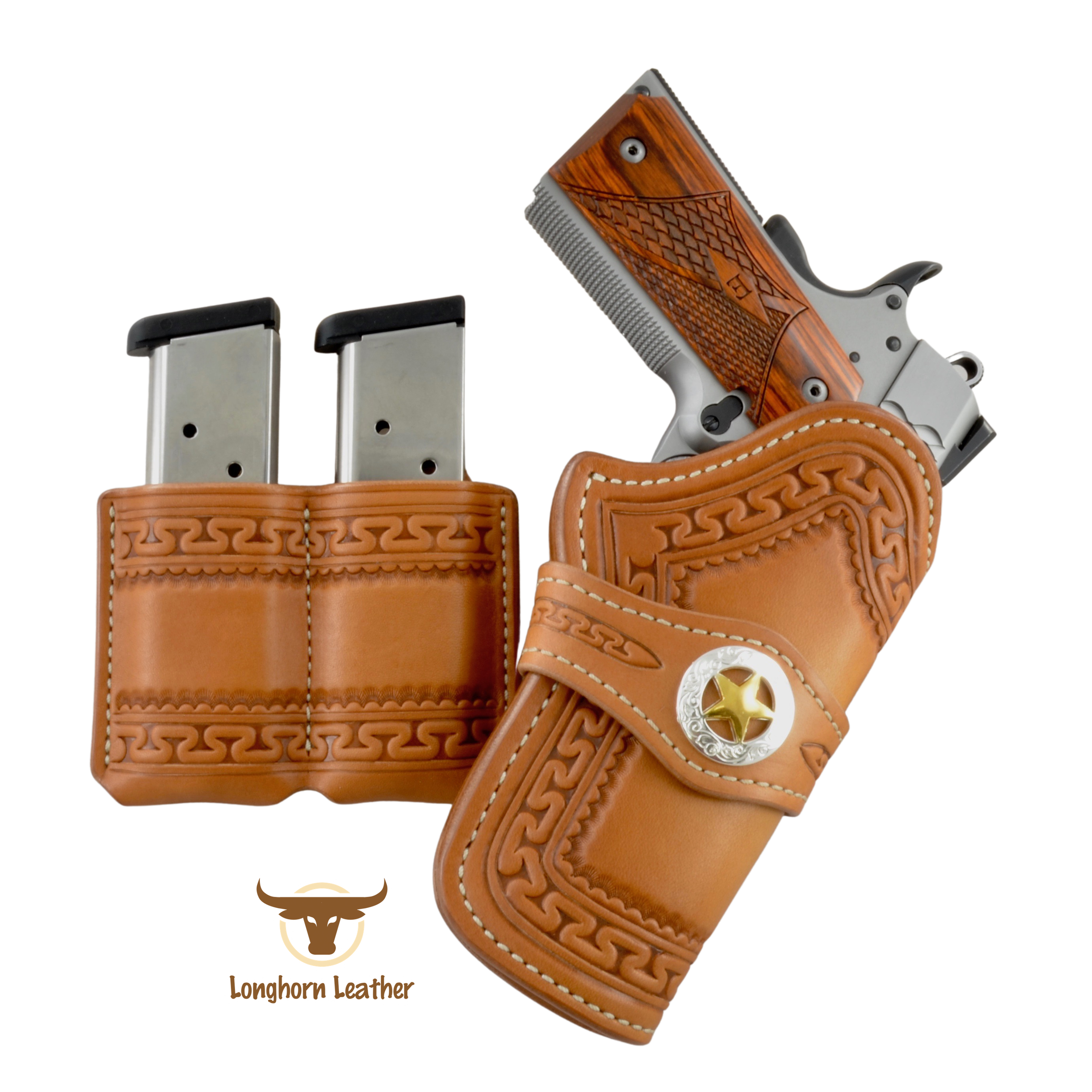 Custom leather 1911 holster and double magazine carrier featuring the "Yuma" design.  Individually handcrafted at Longhorn Leather AZ