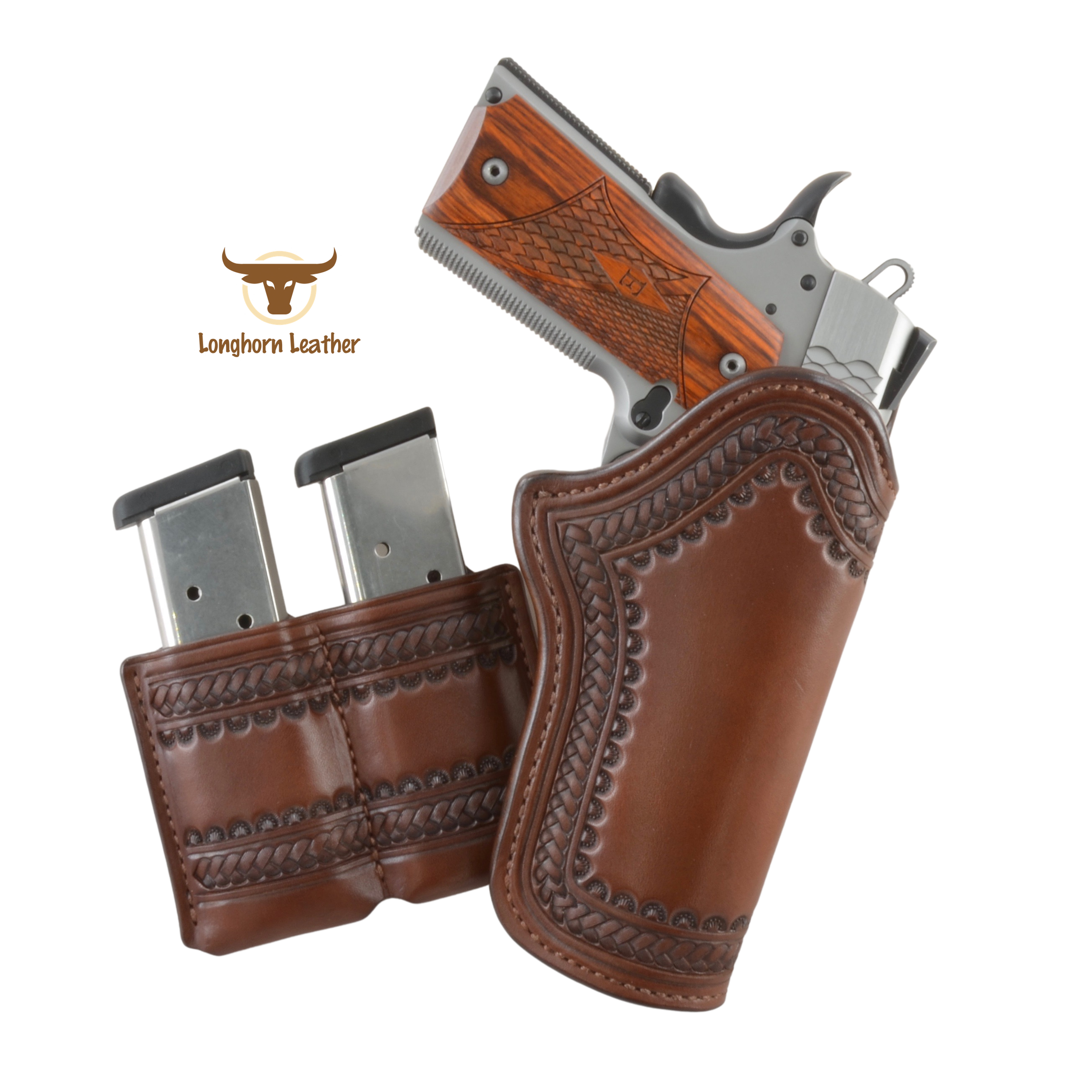 Custom leather 1911 holster and double magazine carrier featuring the “Sedona” design.  Individually handcrafted at Longhorn Leather AZ