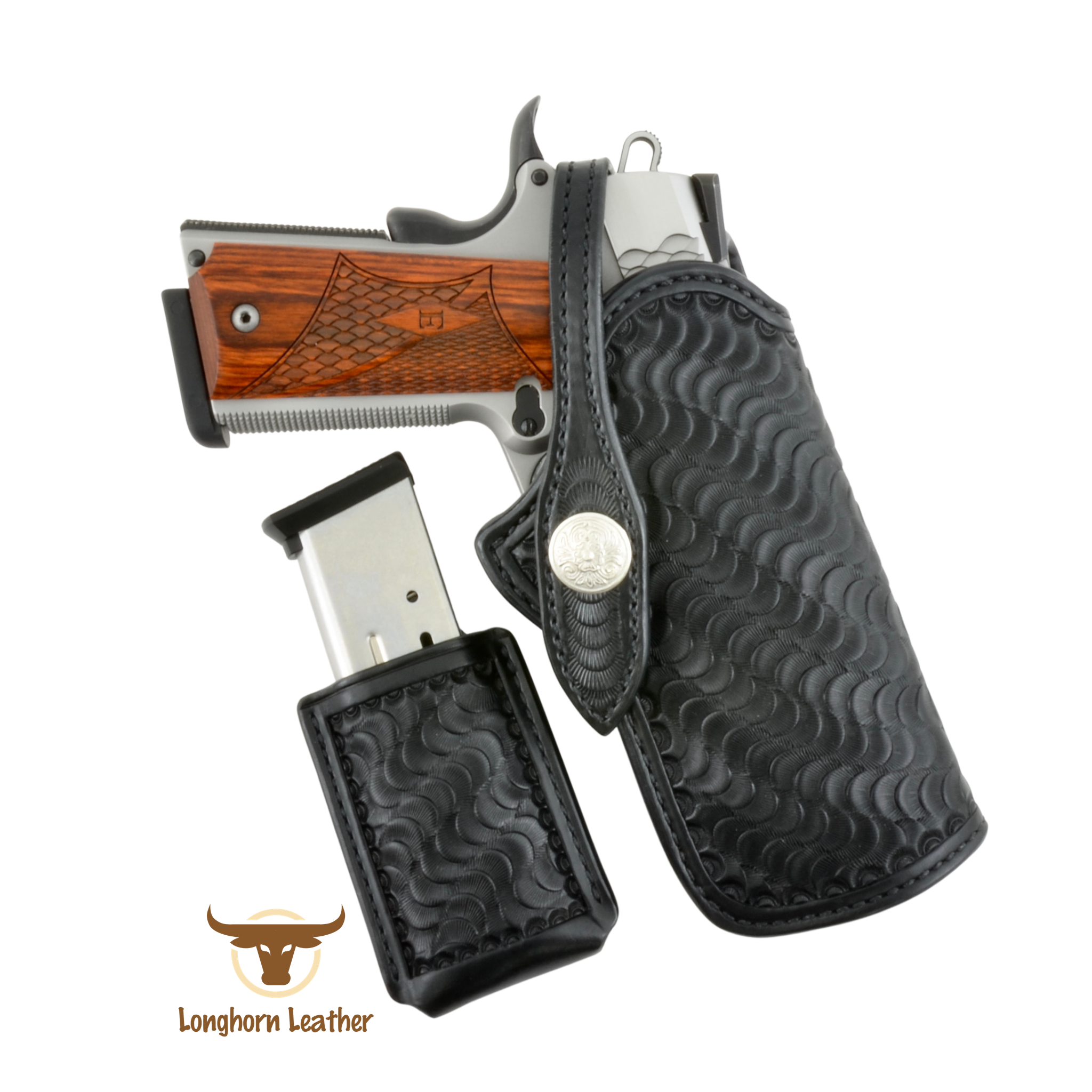 Custom leather 1911 holster and magazine carrier featuring the “Scottsdale” design.  Individually handcrafted at Longhorn Leather AZ