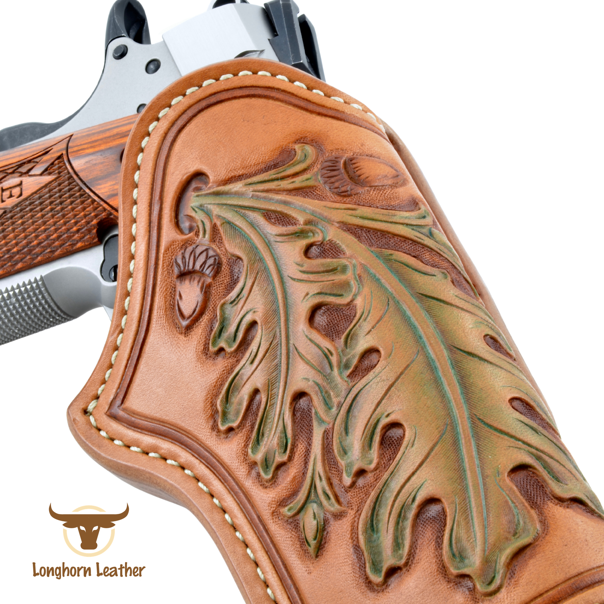 Custom leather 1911 holster featuring an “Oakleaf and Acorn” design.  Individually handcrafted at Longhorn Leather AZ