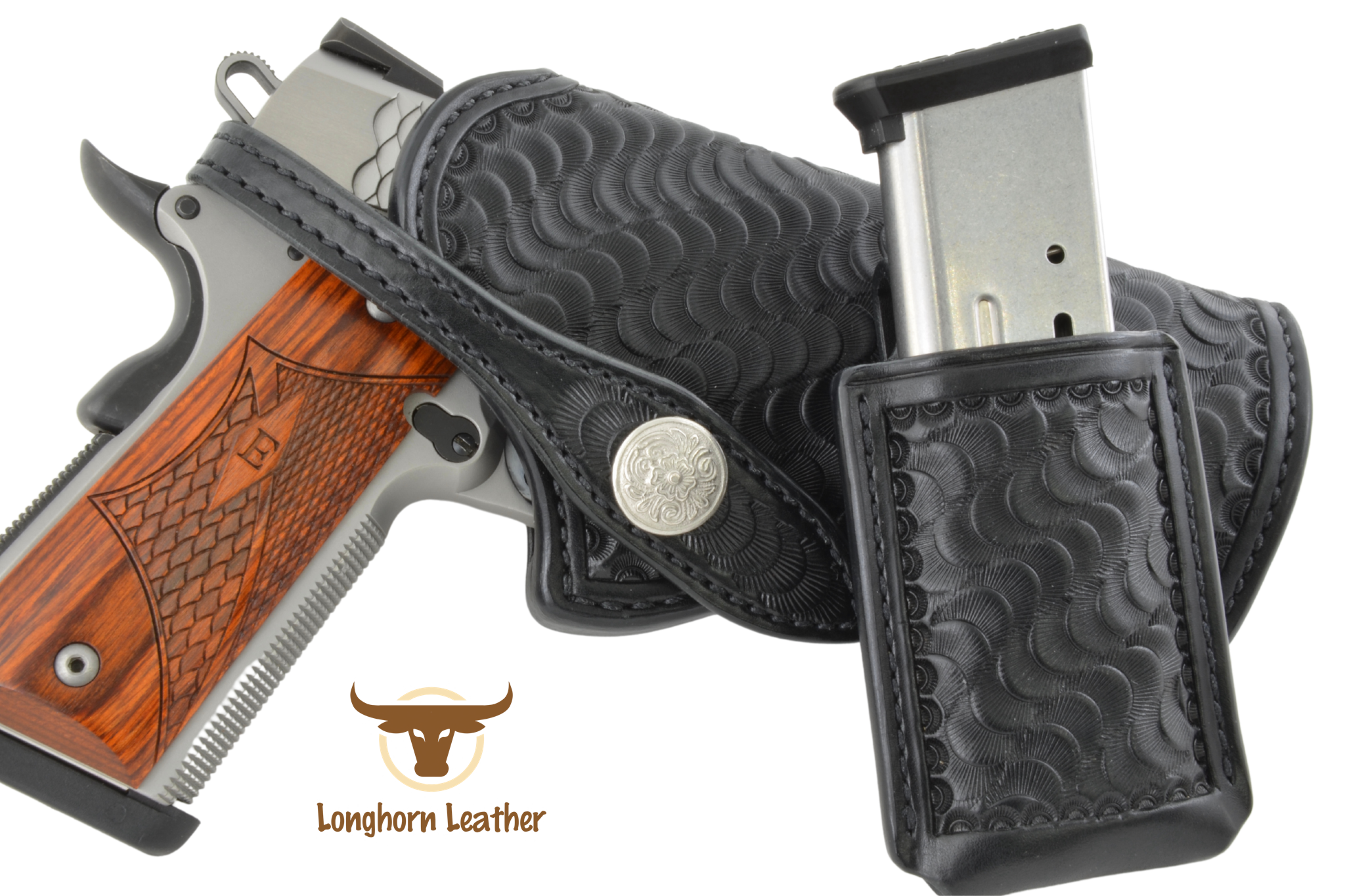 Custom leather 1911 holster and magazine carrier featuring the “Scottsdale" design.  Individually handcrafted at Longhorn Leather AZ