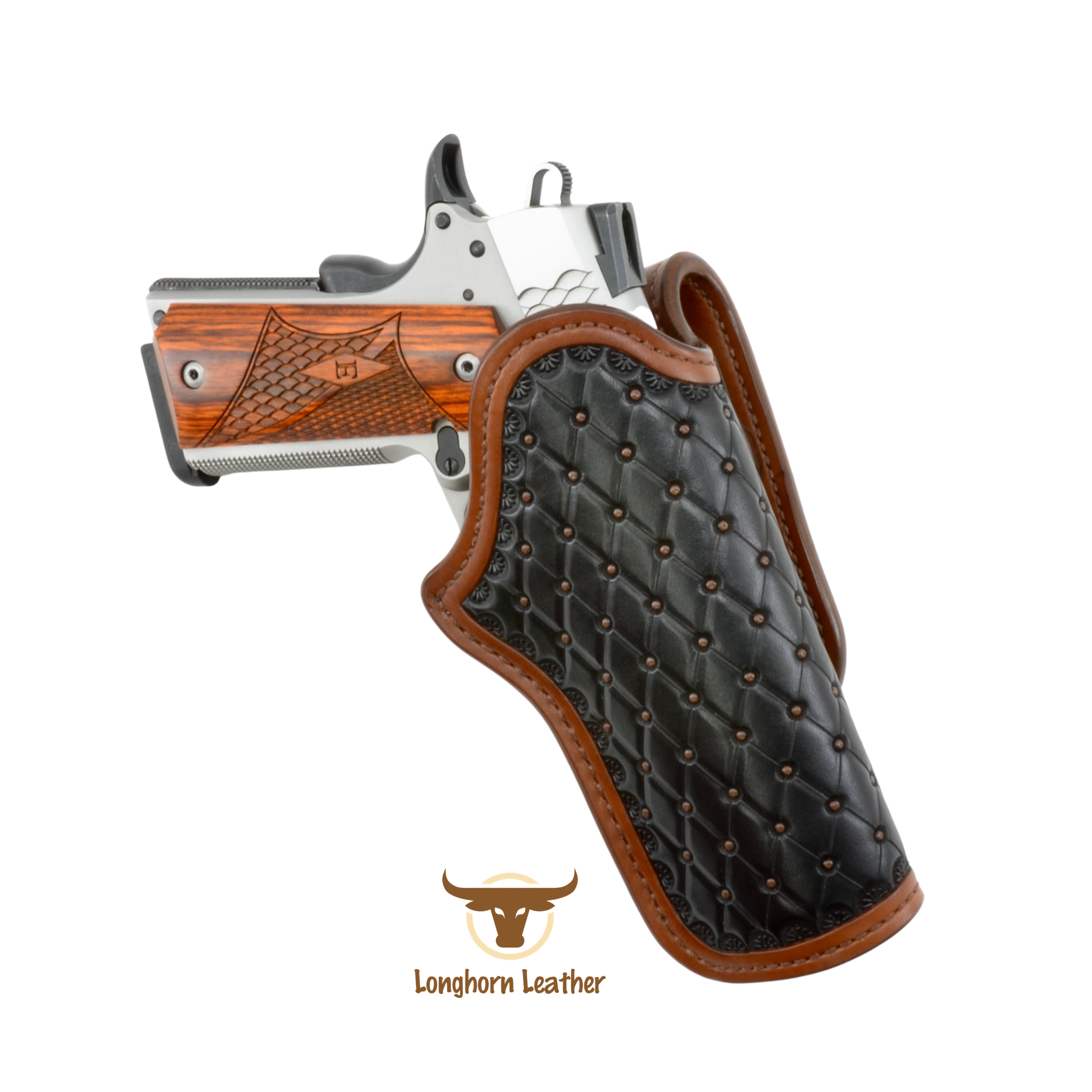 Custom leather 1911 holster featuring the "San Carlos" design.  Individually handcrafted at Longhorn Leather AZ