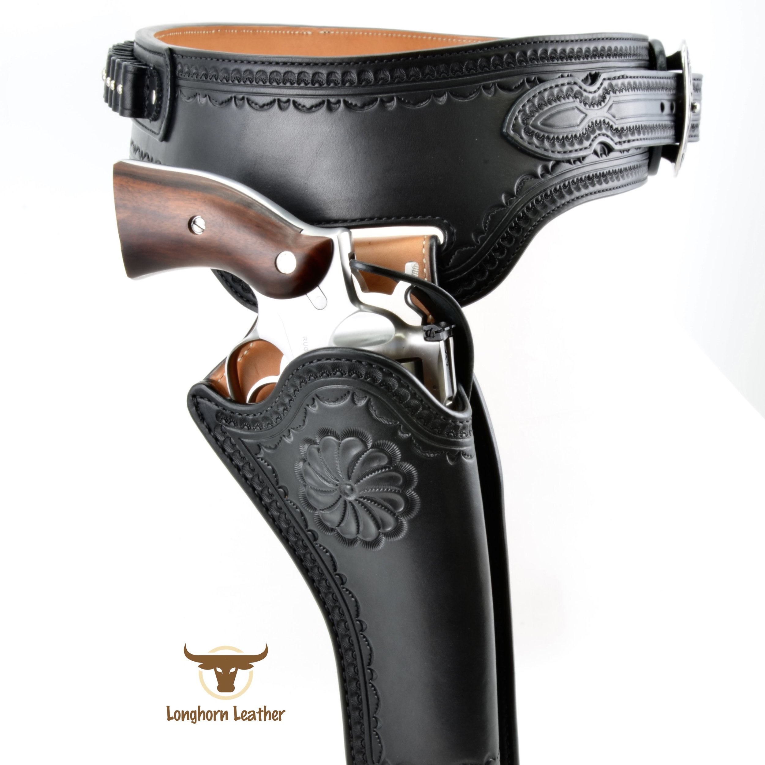 Custom leather single action holster and buscadero belt featuring the “Rio Verde” design.  Individually handcrafted at Longhorn Leather AZ