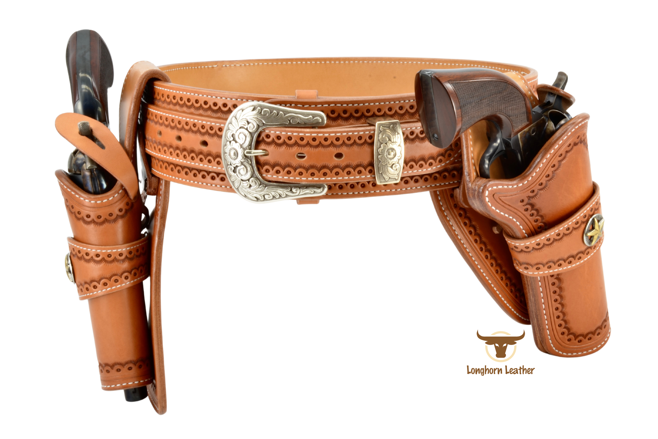 Custom leather single action cross draw holster rig featuring the “Cimarron” design.  Individually handcrafted atLonghorn Leather AZ