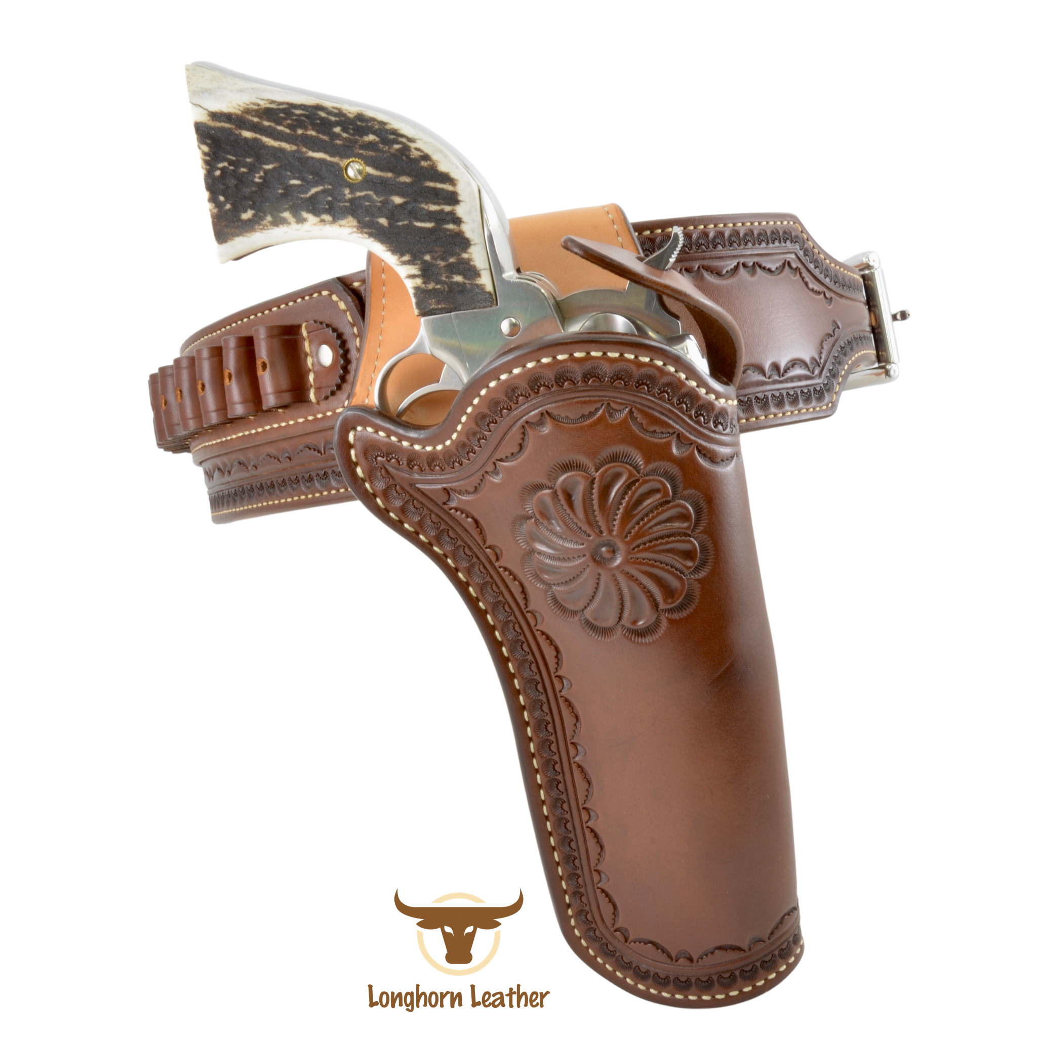 Custom leather single action holster and cartridge belt featuring the "Rio Verde" design.  Individually handcrafted at Longhorn Leather AZ